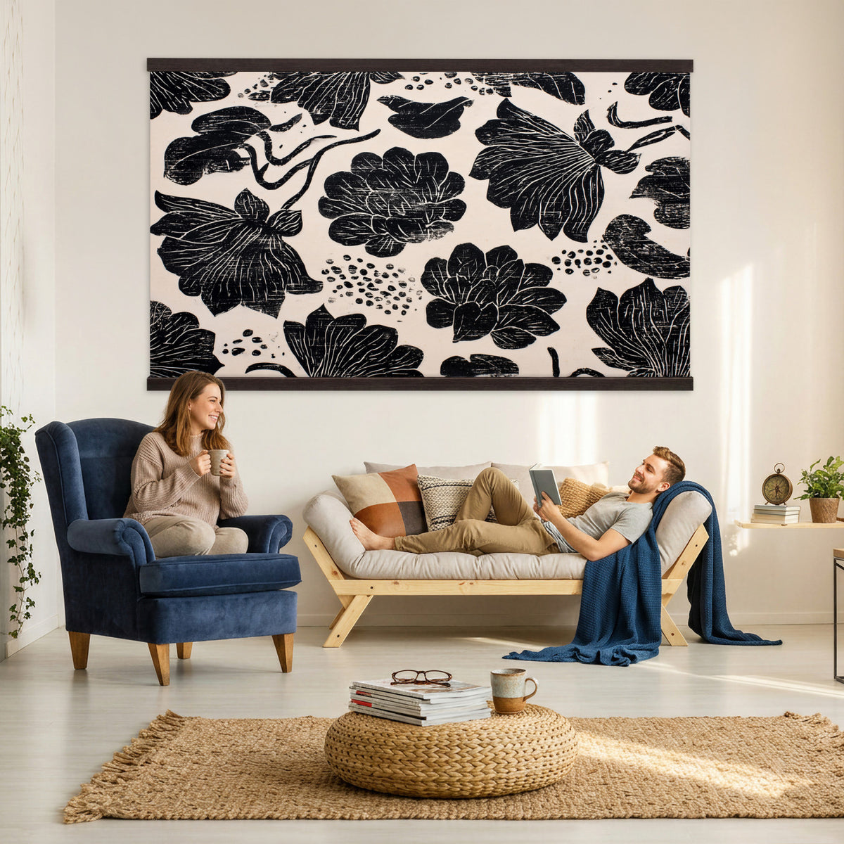 91793867-MGV-TP-30X20 - Chinoiserie ink block print tapestry wall hanging of "Chinoiserie Lotus Panel", showing open lotus flowers and broad water lily pads rising on tall stems, cut in bold black and white in deep black lotus linework on a soft white ground. Extra large wall art, made in the USA.