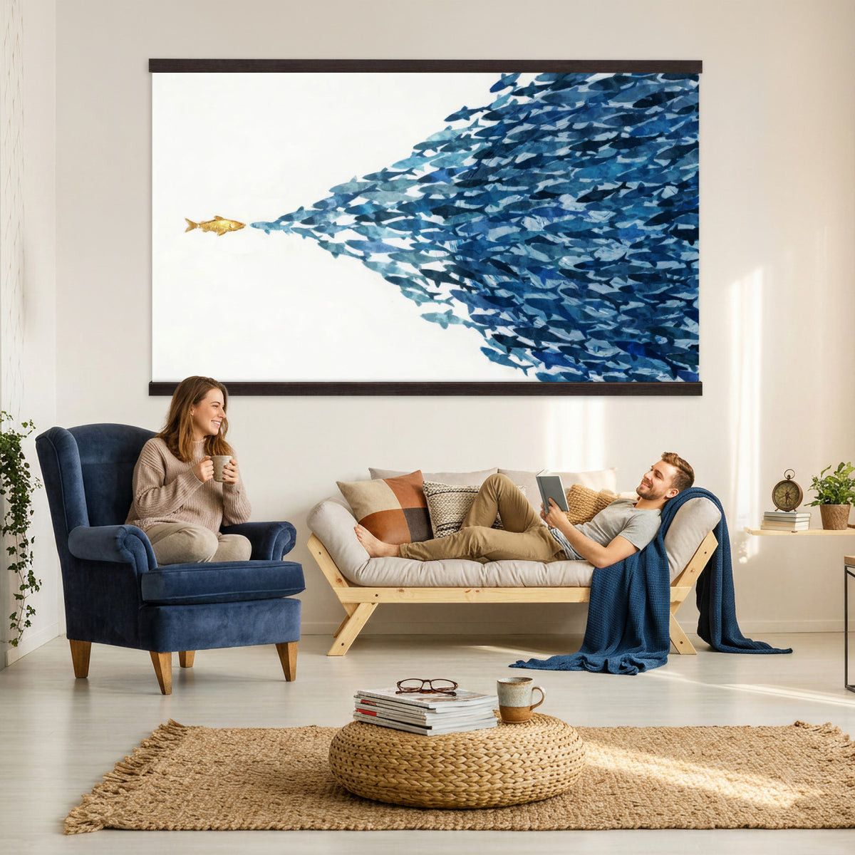 79089639TT-MGV-TP-30X20 - Abstract Blue Fish School Canvas Wall Art, Gold Foil Accent Marine Print