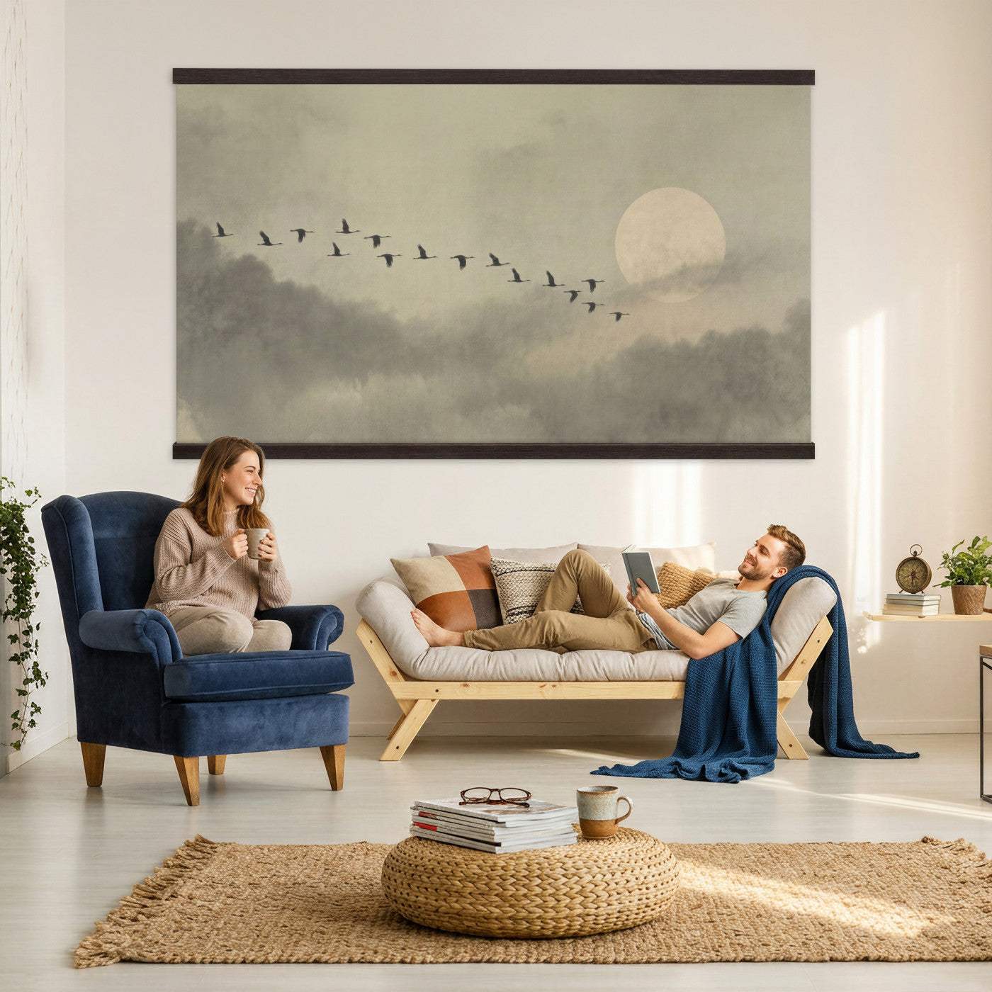 1209814BT-MGV-TP-30X20 - Flying Cranes Tapestry Wall Art, Misty Landscape with Moon, Sage Green Japandi Decor, Framed Print