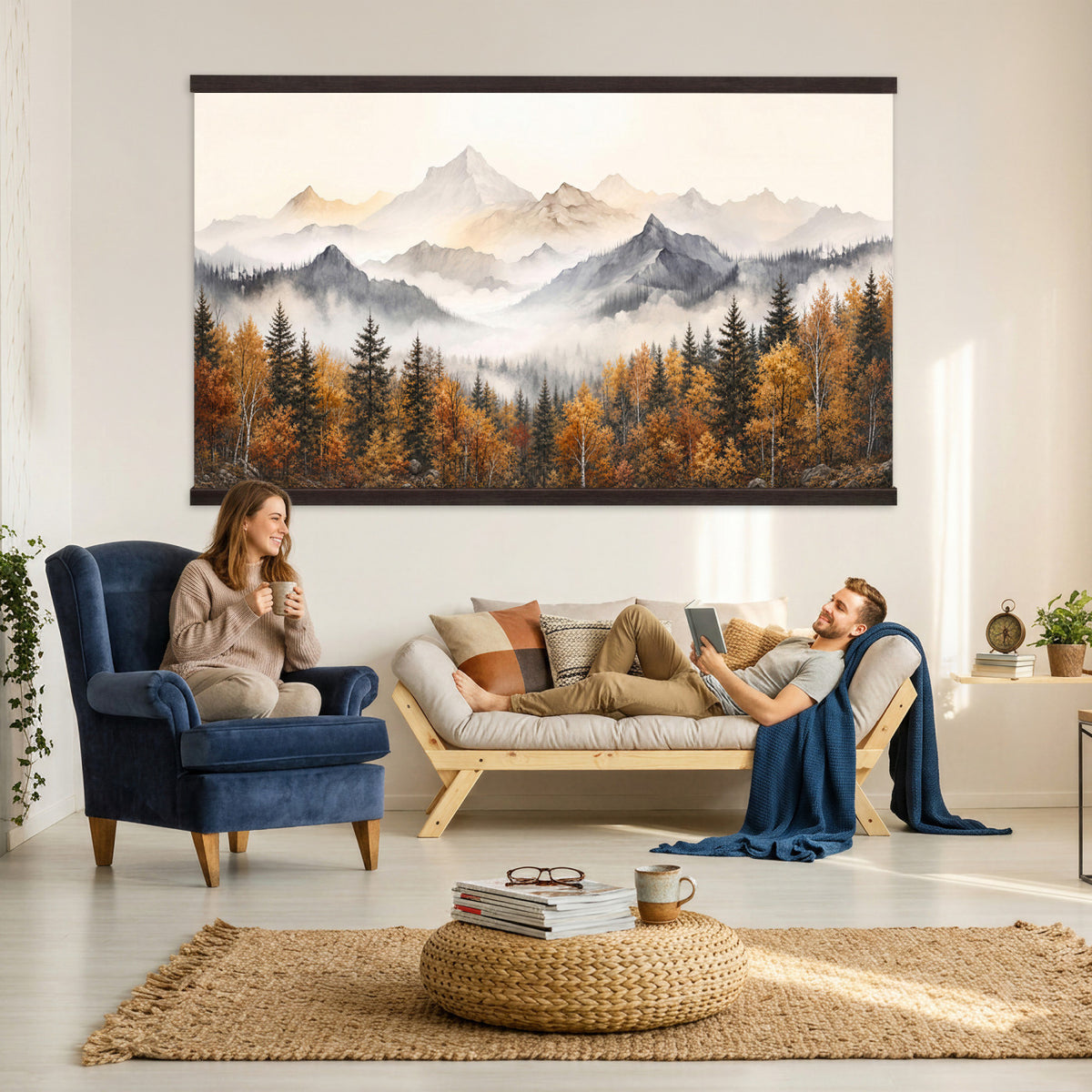 19544118-MGV-TP-30X20 - Misty Mountain Autumn Forest Canvas Wall Art - Watercolor Fall Nature Landscape Print