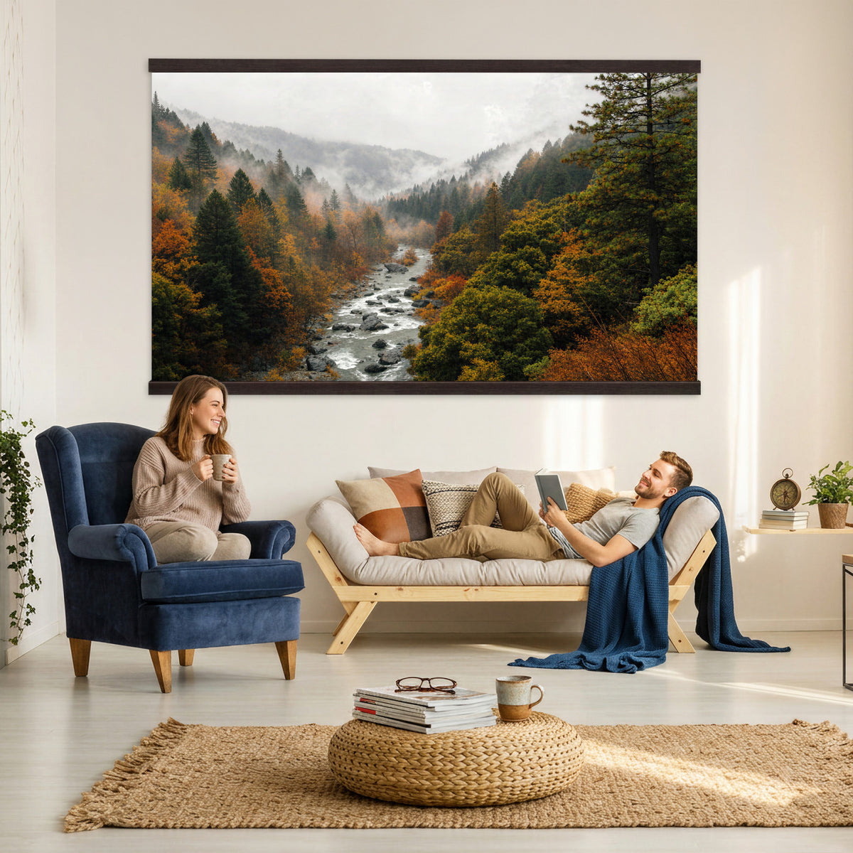 95540697-MGV-TP-30X20 - Misty River Mountain Valley Canvas Wall Art - Autumn Forest Landscape Nature Print