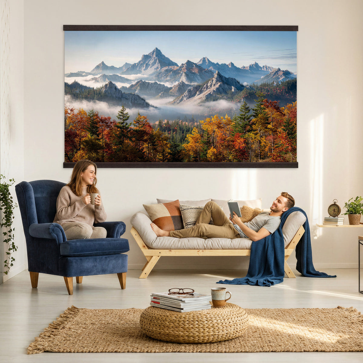 38847944-MGV-TP-30X20 - Majestic Mountain Peak Canvas Wall Art - Panoramic Autumn Forest Fog Landscape Print