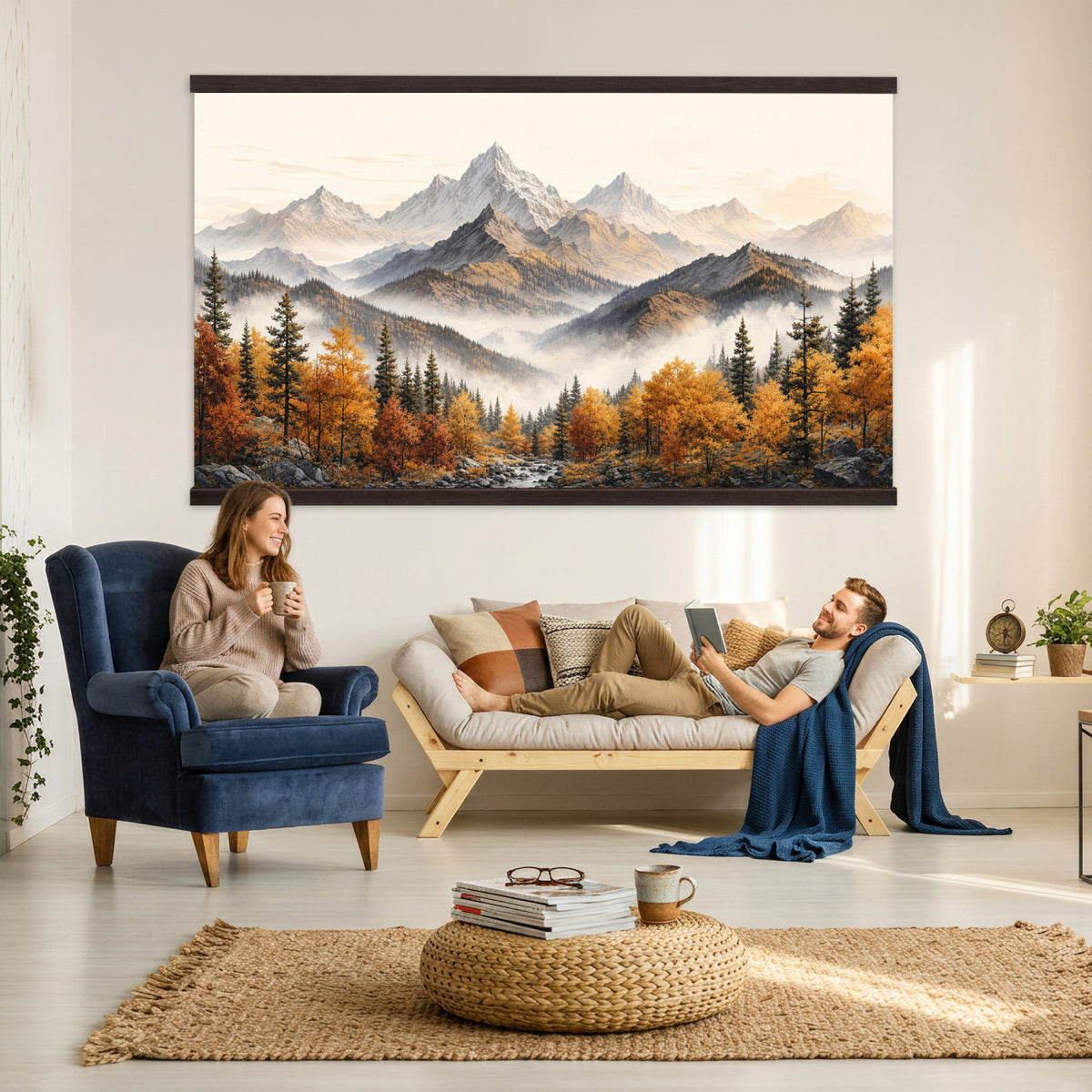 21309099-MGV-TP-30X20 - Extra Large Misty Mountain Autumn Forest Canvas Wall Art - Watercolor Fall Nature Landscape Print