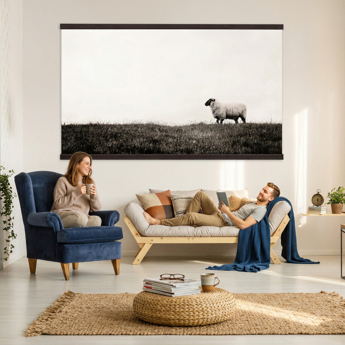 72749448-MGV-TP-30X20 - Minimalist Sepia Sheep Canvas Wall Art - Rustic Farmhouse Country Landscape Print