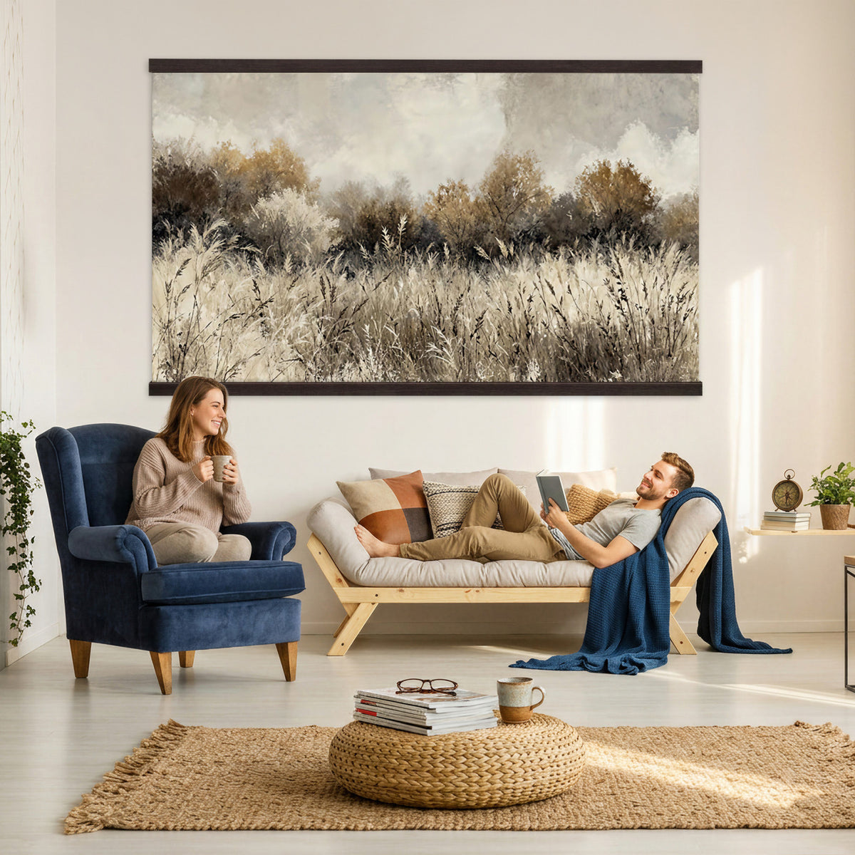 53959945-MGV-TP-30X20 - Muted Neutral Forest Landscape Canvas Wall Art - Vintage Rustic Wildflower Meadow Print