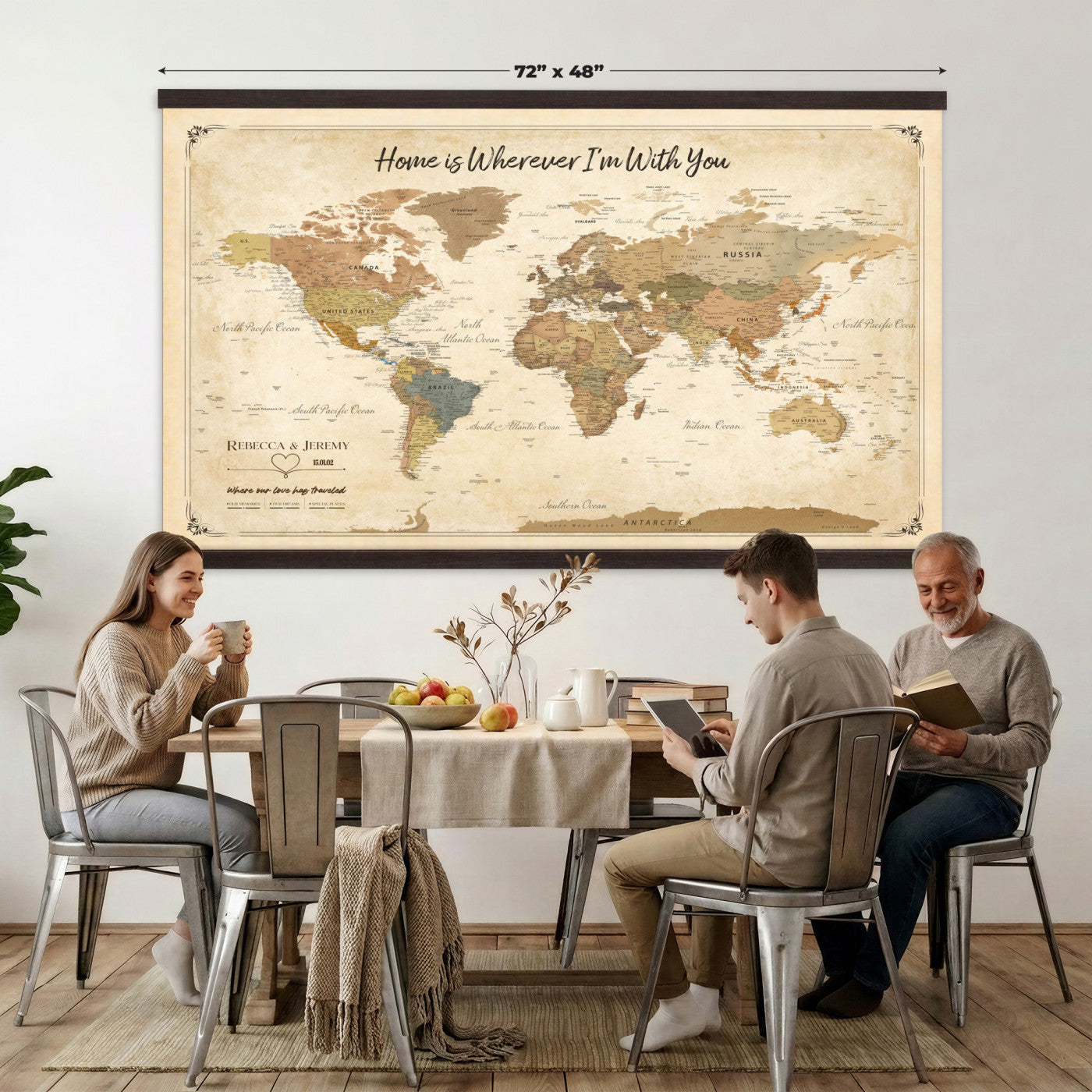 40086165-T-MGV-TP-30X20 - Framed Vintage Custom World Map Tapestry Print - Personalized Travel Map Wall Art Tapestry
