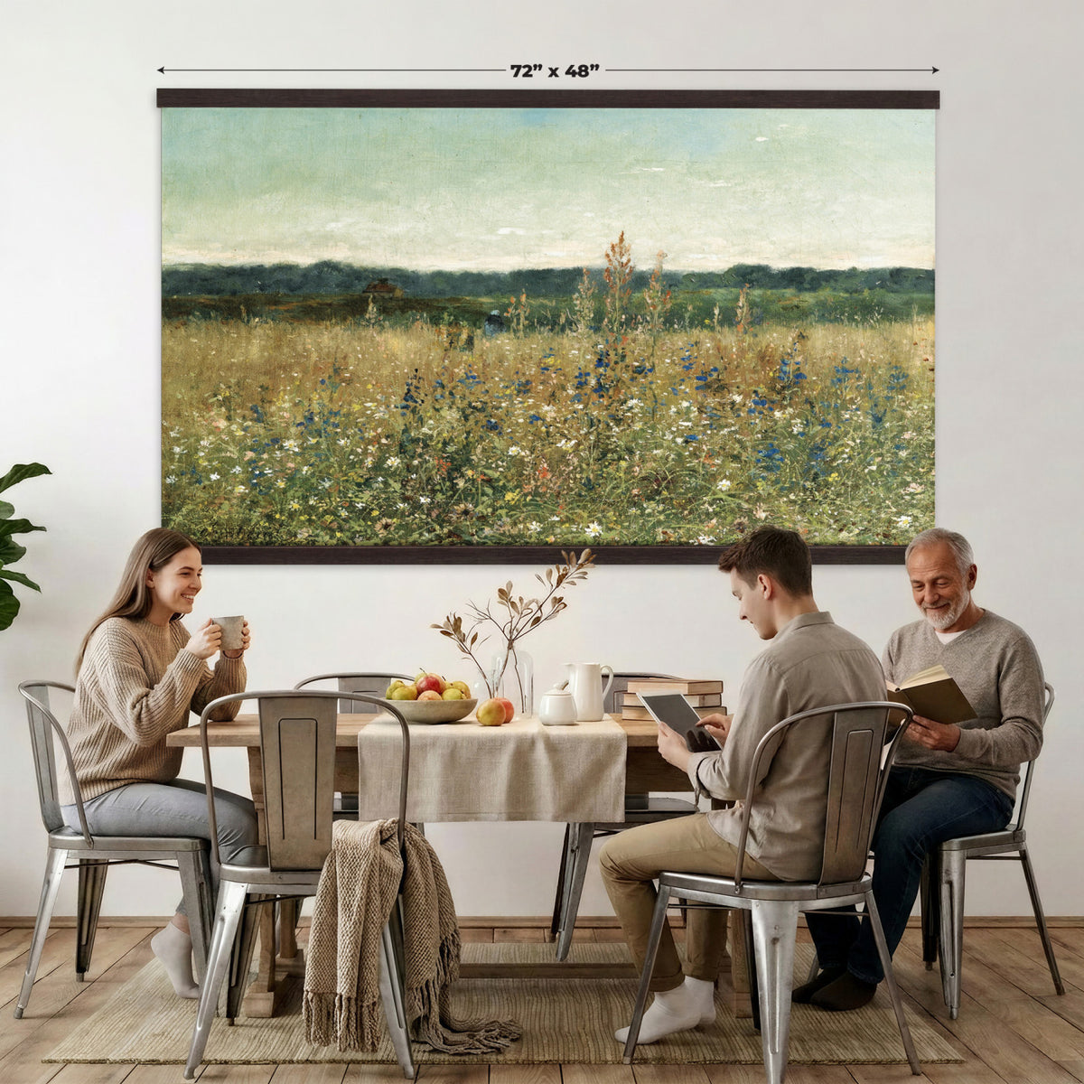 78325586-MGV-TP-30X20 - Realism oil painting tapestry wall hanging of "Champ fleuri" by Antoine Chintreuil, showing a wide flowering field running toward a low horizon, with soft scattered blooms and a pale open sky in soft white and green field tones under a pale luminous sky. Extra large wall art, made in the USA.