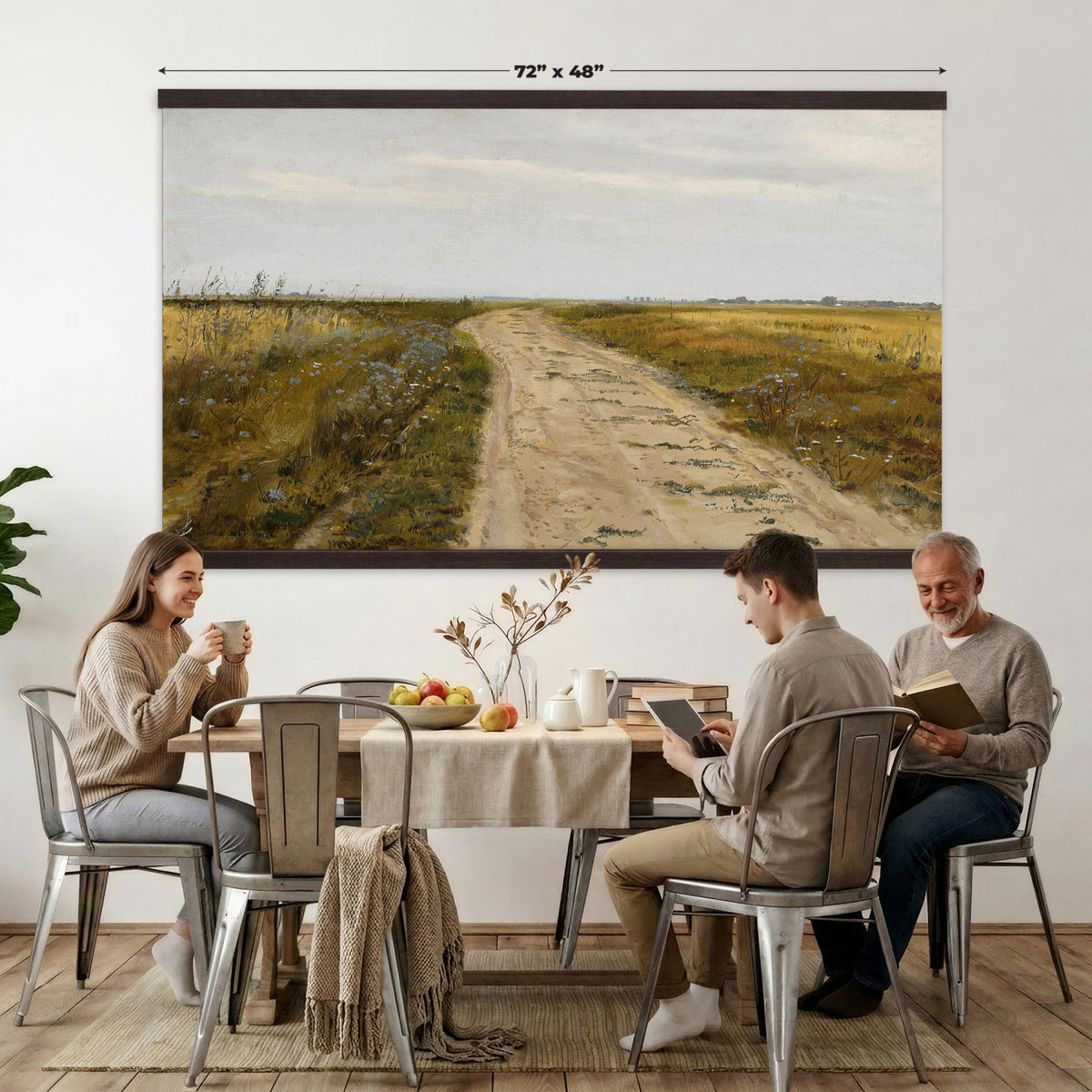 93198256-MGV-TP-30X20 - Realism oil painting tapestry wall hanging of "Field Track" by Jozef Chelmonski, showing a rutted dirt track cutting through open meadow grass toward a low horizon and a wide country sky in warm earth track tones with green meadow grass under a broad sky. Extra large wall art, made in the USA.