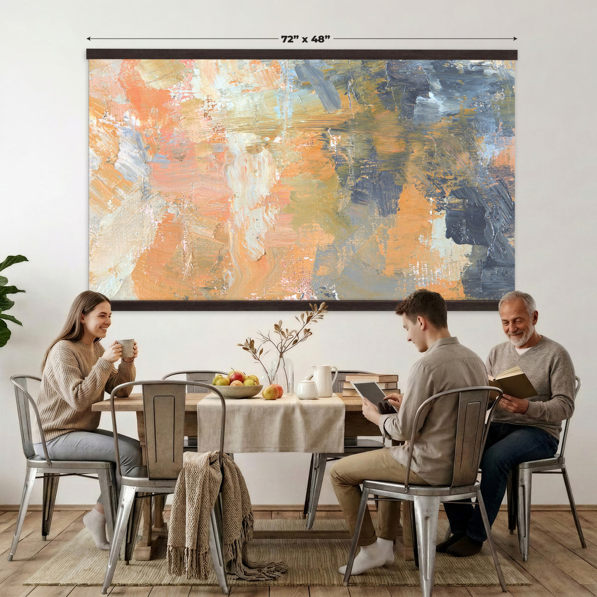 92754702-MGV-TP-30X20 - Cubism abstract oil painting tapestry wall hanging of "Abstract Landscape" by Nicolas de Stael, showing thick blocks of peach, grey, and cream laid side by side into a landscape that reads as pure shape and color in soft peach, warm grey, and cream color blocks. Extra large wall art, made in the USA.