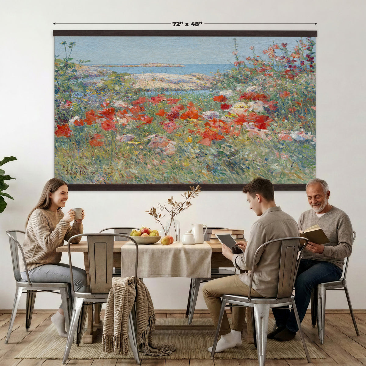 16720314-MGV-TP-30X20 - Impressionism oil painting tapestry wall hanging of "Celia Thaxter's Garden, Isles of Shoals" by Childe Hassam, showing a cliffside garden bursting with red poppies above a bright blue sea and rocky island shore in vivid red poppies against deep blue sea and green garden foliage. Extra large wall art, made in the USA.