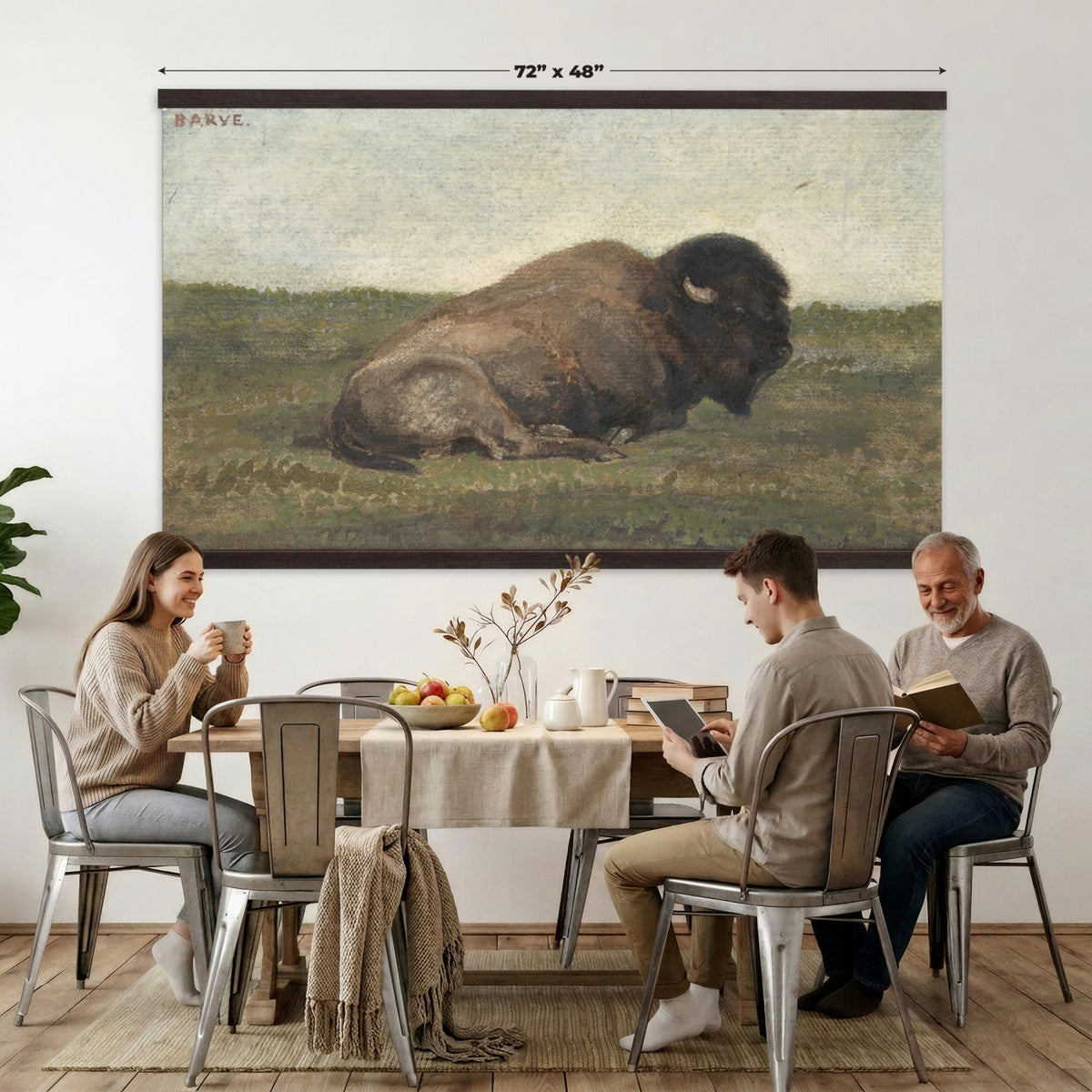 59987270-MGV-TP-30X20 - Realism oil painting tapestry wall hanging of "Bison Lying Down" by Antoine-Louis Barye, showing a heavy bison at rest on open prairie ground, painted with weight and quiet animal presence in deep brown bison coat against muted prairie grass and a low sky. Extra large wall art, made in the USA.