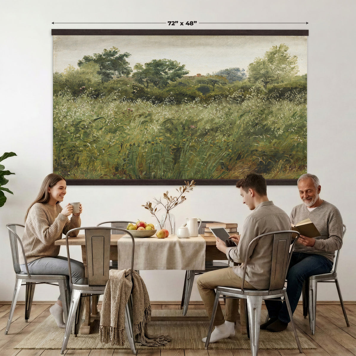65790269-MGV-TP-30X20 - Realism oil painting tapestry wall hanging of "Field of Oats near Vejby" by Dankvart Dreyer, showing a ripe oat field bending in the breeze, with low farm buildings and a wide soft Danish sky beyond in warm golden oat tones with soft green edges under a pale wide sky. Extra large wall art, made in the USA.