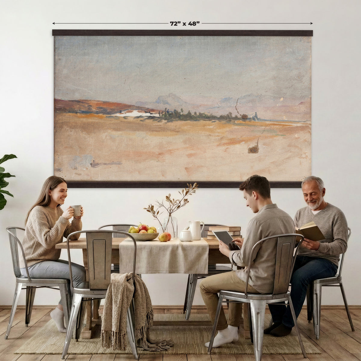 54607912-MGV-TP-30X20 - Impressionism oil painting tapestry wall hanging of "Antequera" by Jan Ciaglinski, showing the dry Andalusian hills above Antequera in warm ochre and rose light, with pale rock ridges rolling into the distance in warm ochre, rose, and sand hill tones under a bright hazy sky. Extra large wall art, made in the USA.