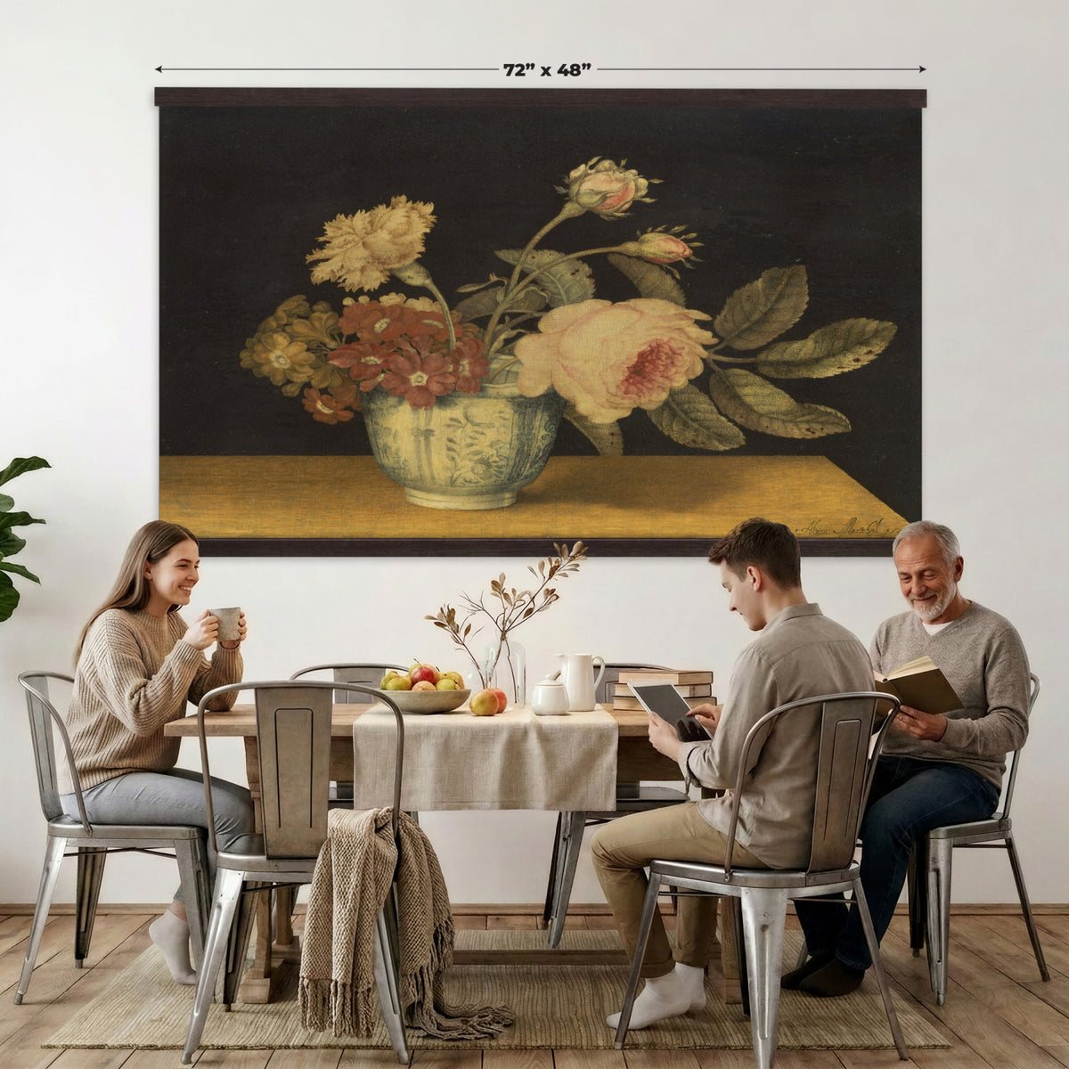41160341-MGV-TP-30X20 - Impressionism oil painting tapestry wall hanging of "Golden Roses" by Olga Boznanska, showing a loose bunch of golden yellow roses in a glass vase, painted with soft dissolving edges against a warm ground in warm golden-yellow rose petals against a soft muted brown background. Extra large wall art, made in the USA.