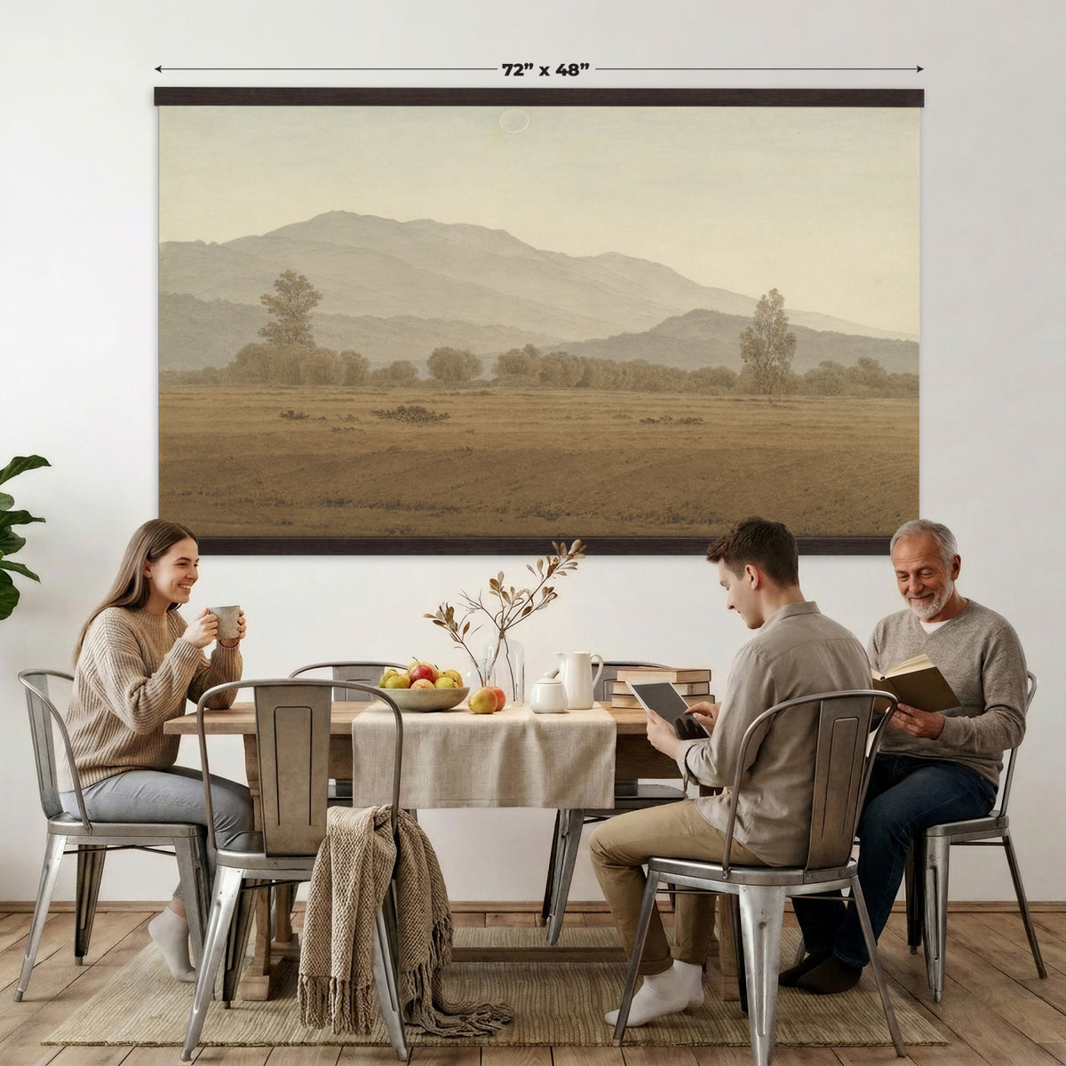 65089395-MGV-TP-30X20 - Realism oil study tapestry wall hanging of "Landscape Study at Grez-sur-Loing" by Frans Van Leemputten, showing an open field study at Grez-sur-Loing, with loose brushwork across low crops, hedgerows, and a soft French sky in soft field greens and warm earth tones under a pale washed sky. Extra large wall art, made in the USA.
