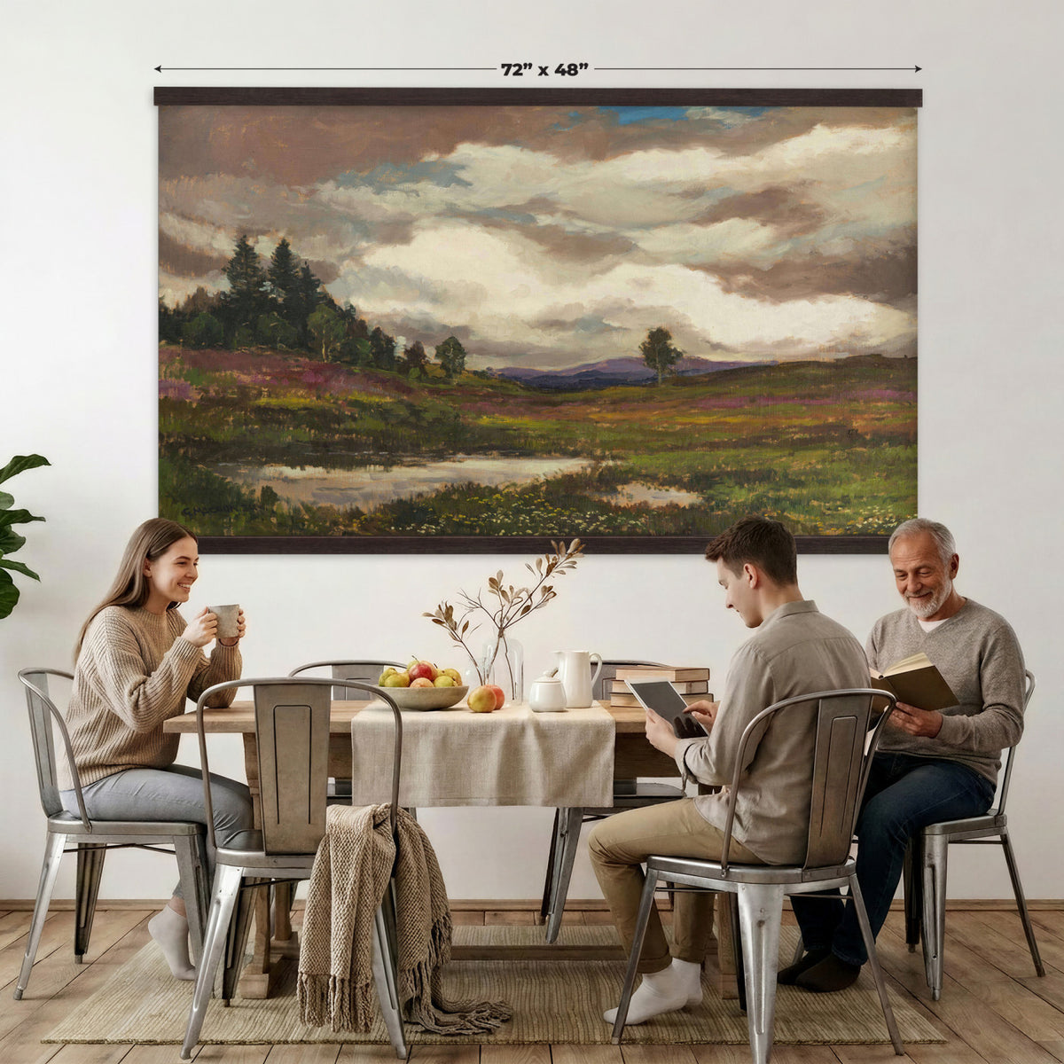 51034939-MGV-TP-30X20 - Impressionism oil painting tapestry wall hanging of "Flowering Meadow" by Olga Wisinger-Florian, showing a bright meadow of white wildflowers and green bushes rising toward a shaded purple hillside in white wildflowers and green bushes under a purple forest hillside. Extra large wall art, made in the USA.