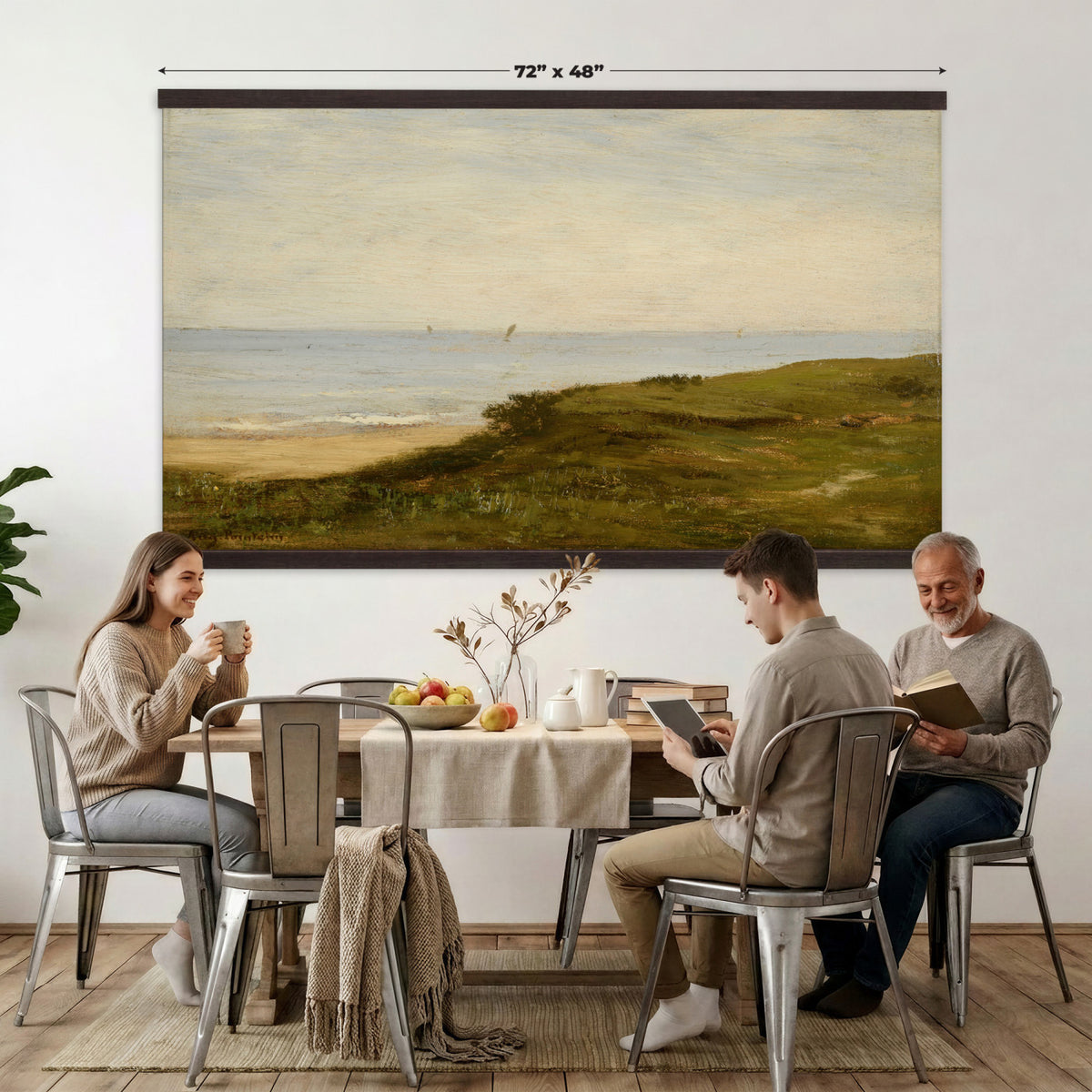 33440930-MGV-TP-30X20 - Impressionism oil painting tapestry wall hanging of "Beach Dunes" by Max Clarenbach, showing low rolling sand dunes topped with pale beach grass, opening toward a quiet sea under a wide soft sky in pale sand tones and dune grass under a wide soft blue-grey sky. Extra large wall art, made in the USA.