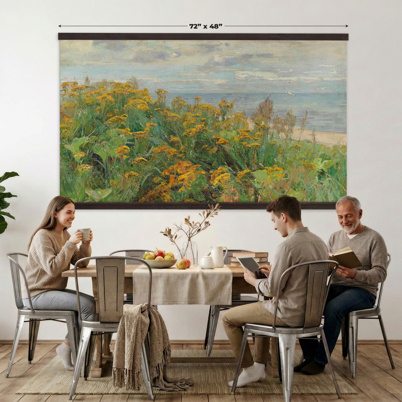 16996210-MGV-TP-30X20 - Impressionism oil painting tapestry wall hanging of "Blumenwiese" by Alexander Koester, showing a thick summer meadow packed with white and yellow wildflowers, tall grasses, and sunlit greenery in white and yellow wildflowers across deep summer green grass. Extra large wall art, made in the USA.
