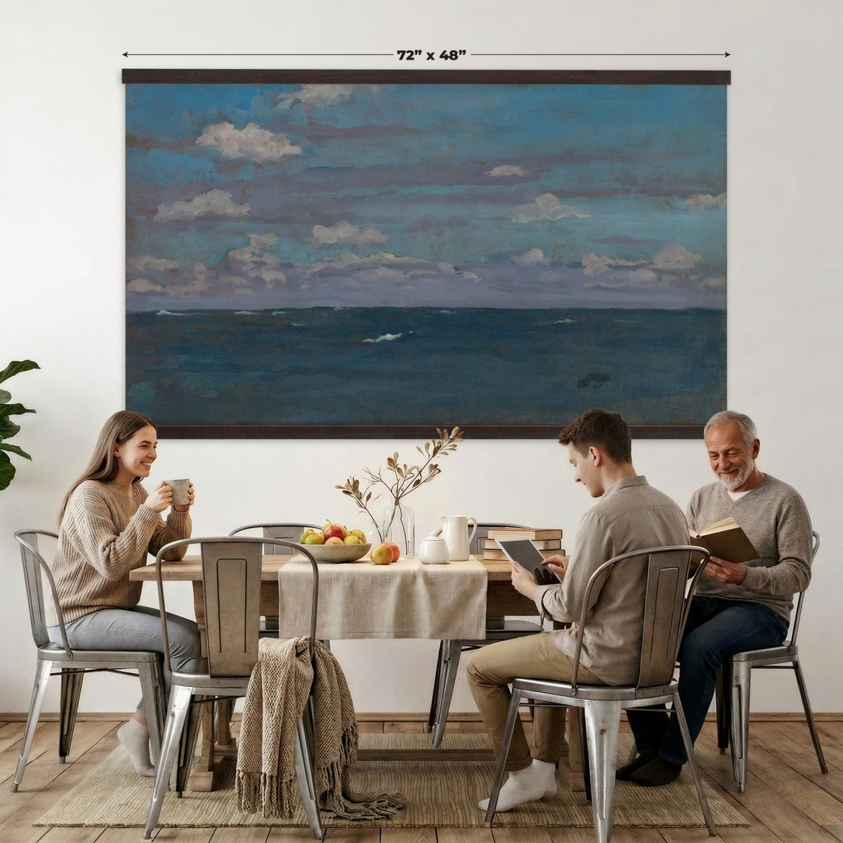 31189911-MGV-TP-30X20 - Art Nouveau pastel study tapestry wall hanging of "The Immensity" by Antoni Fabres, showing a wide empty shoreline meeting a soft pastel sky, with slow drifting clouds and a barely visible horizon line in pale pink, cream, and soft blue cloud tones over a quiet shore. Extra large wall art, made in the USA.