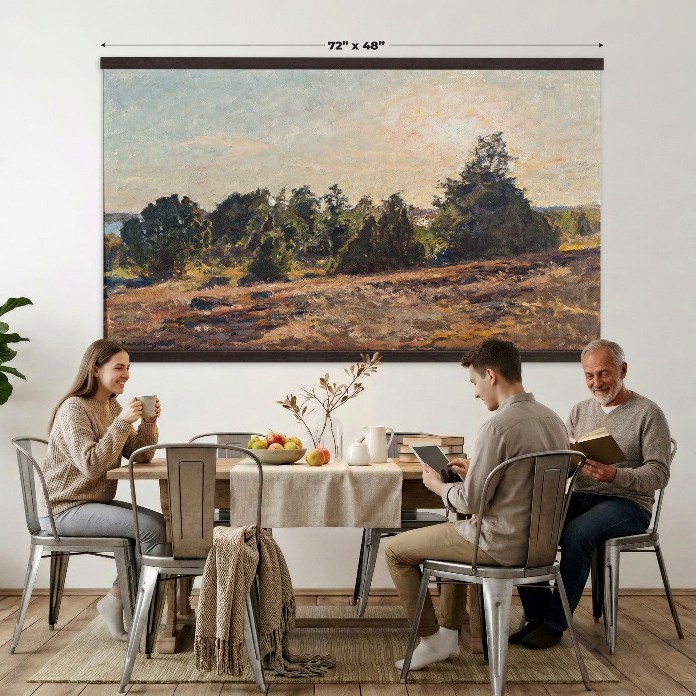 89318871-MGV-TP-30X20 - Impressionism oil painting tapestry wall hanging of "Landscape" by Jane Sutherland, showing a sunlit open field, dry golden grasses, and slender eucalyptus trees leaning under a bright southern sky in warm golden field tones with soft sage-green eucalyptus foliage. Extra large wall art, made in the USA.