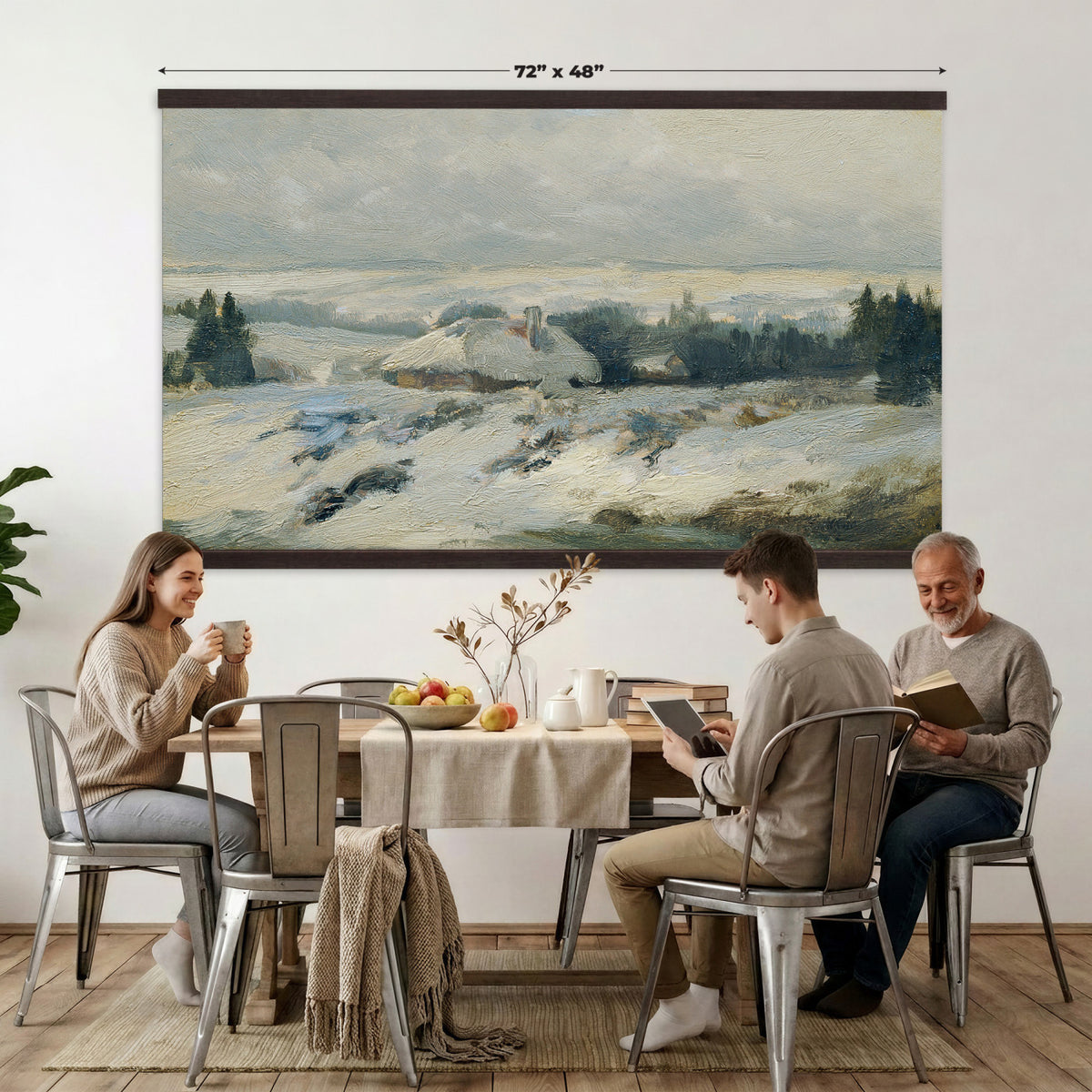 95240376-MGV-TP-30X20 - Realism oil painting tapestry wall hanging of "Bohmisch-Mahrische Hohe" by Ferdinand Engelmuller, showing a snow-covered highland village with low cottages, bare trees, and deep drifts stretching toward pale winter hills in cool white snow with warm ochre cottage walls under a pale winter sky. Extra large wall art, made in the USA.