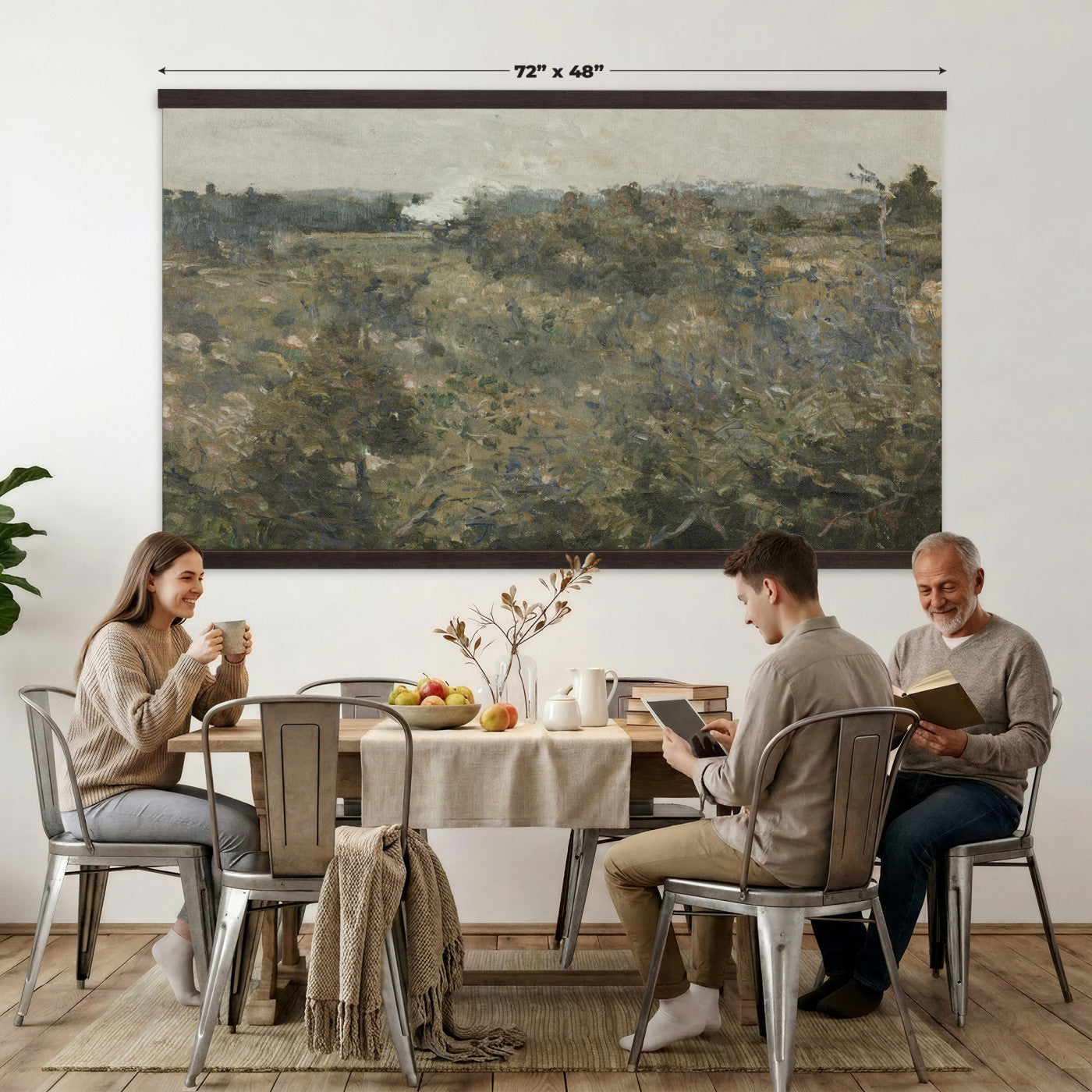 17414183-MGV-TP-30X20 - Realism oil study tapestry wall hanging of "Landscape Study at Grez-sur-Loing" by Frans Van Leemputten, showing an open field study at Grez-sur-Loing, with loose brushwork across low crops, hedgerows, and a soft French sky in soft field greens and warm earth tones under a pale washed sky. Extra large wall art, made in the USA.