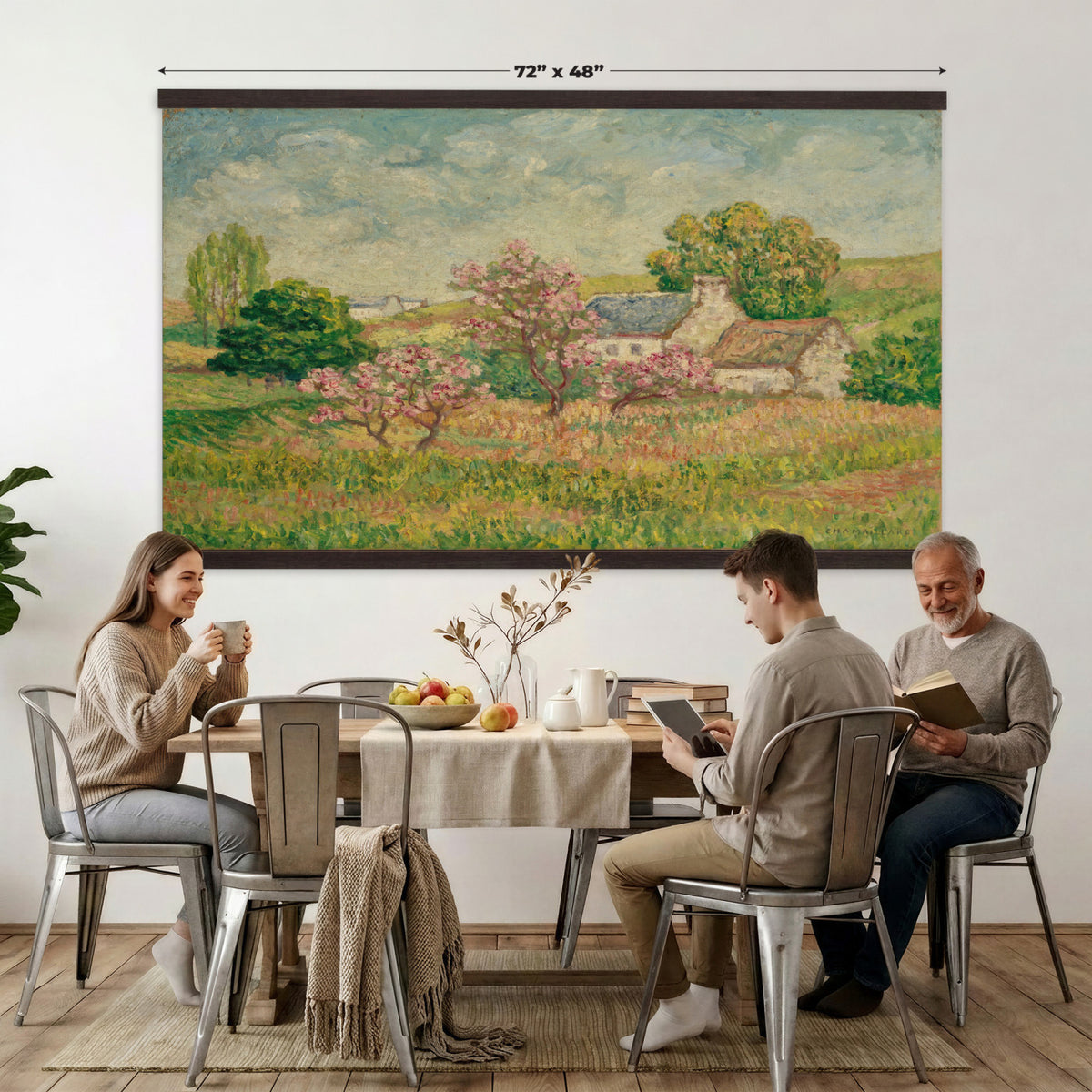 67494912-MGV-TP-30X20 - Post Impressionism oil painting tapestry wall hanging of "Spring" by Ernest de Chamaillard, showing a stone Breton cottage behind a blossoming tree in full pink bloom, with a bright spring garden around it in soft pink blossoms against grey stone walls and new spring green. Extra large wall art, made in the USA.