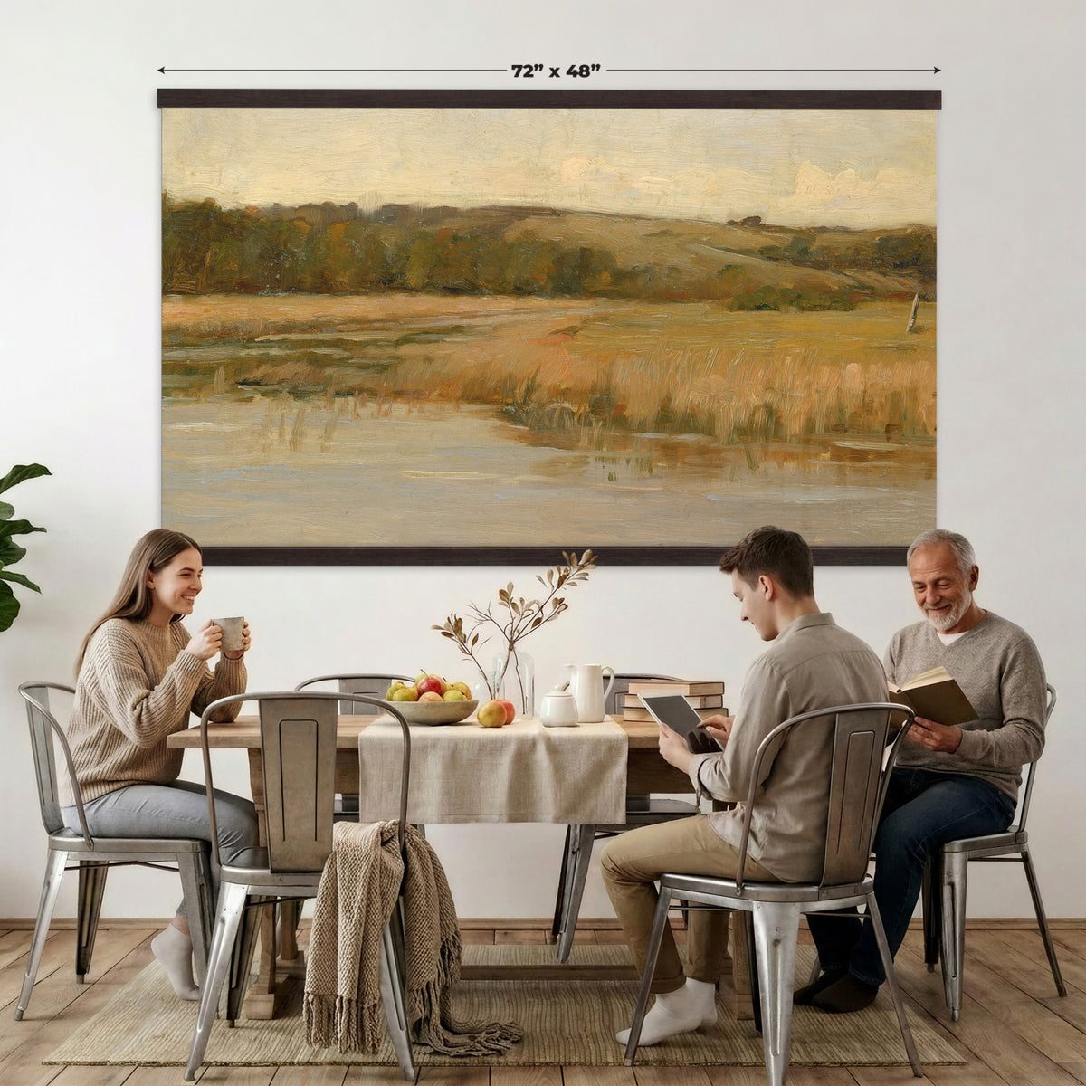 94353895-MGV-TP-30X20 - Tonalism oil painting tapestry wall hanging of "Hill and Marshland" by Charles Harold Davis, showing a low marsh threaded with still water channels, tall reeds, and a rounded hill under a wide luminous sky in muted marsh greens and browns under a wide pale luminous sky. Extra large wall art, made in the USA.