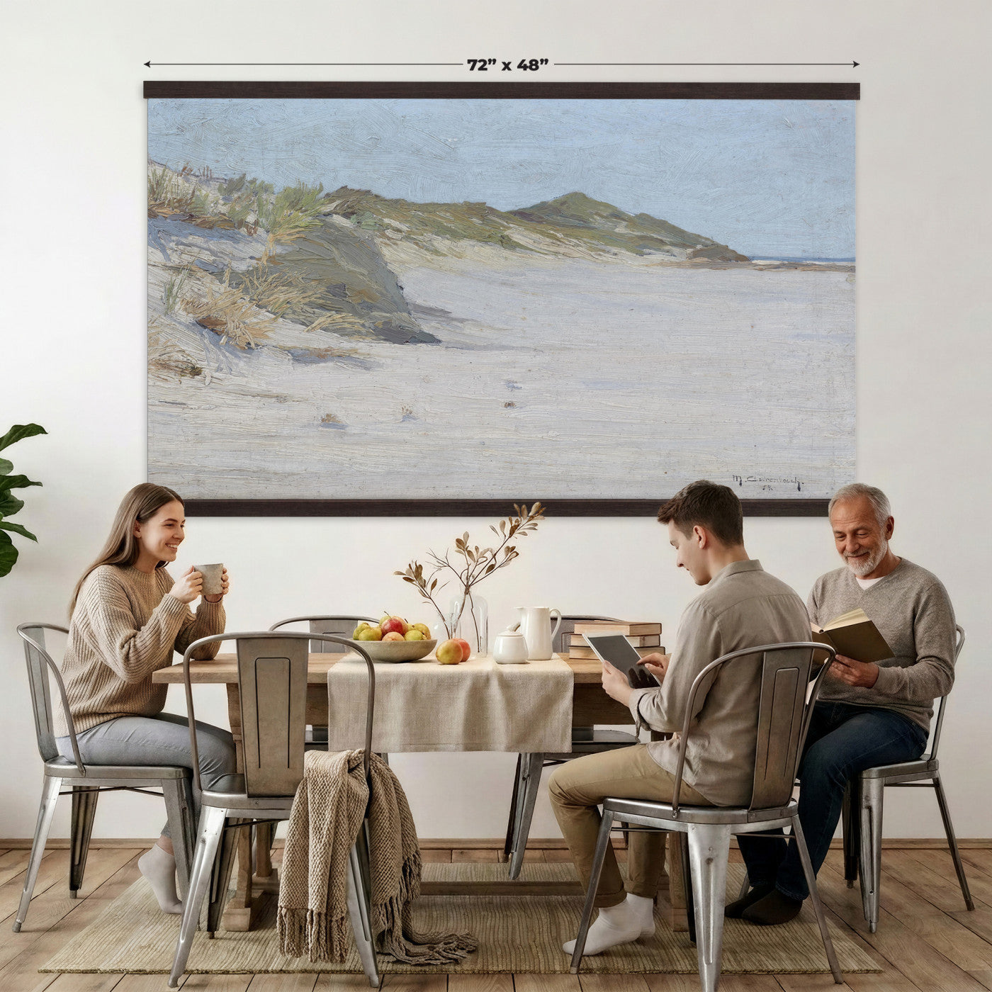 74023087-MGV-TP-30X20 - Impressionism oil painting tapestry wall hanging of "Beach Dunes" by Max Clarenbach, showing low rolling sand dunes topped with pale beach grass, opening toward a quiet sea under a wide soft sky in pale sand tones and dune grass under a wide soft blue-grey sky. Extra large wall art, made in the USA.