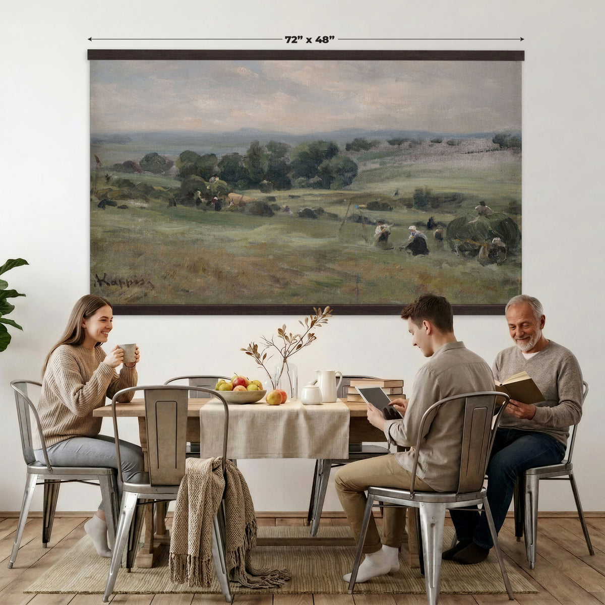 98563887-MGV-TP-30X20 - Realism oil painting tapestry wall hanging of "Heuernte" by Albert Kappis, showing farmworkers gathering hay in a wide summer field, with loaded carts, tall stacks, and a warm open sky in warm golden hay tones with green field edges under a bright summer sky. Extra large wall art, made in the USA.