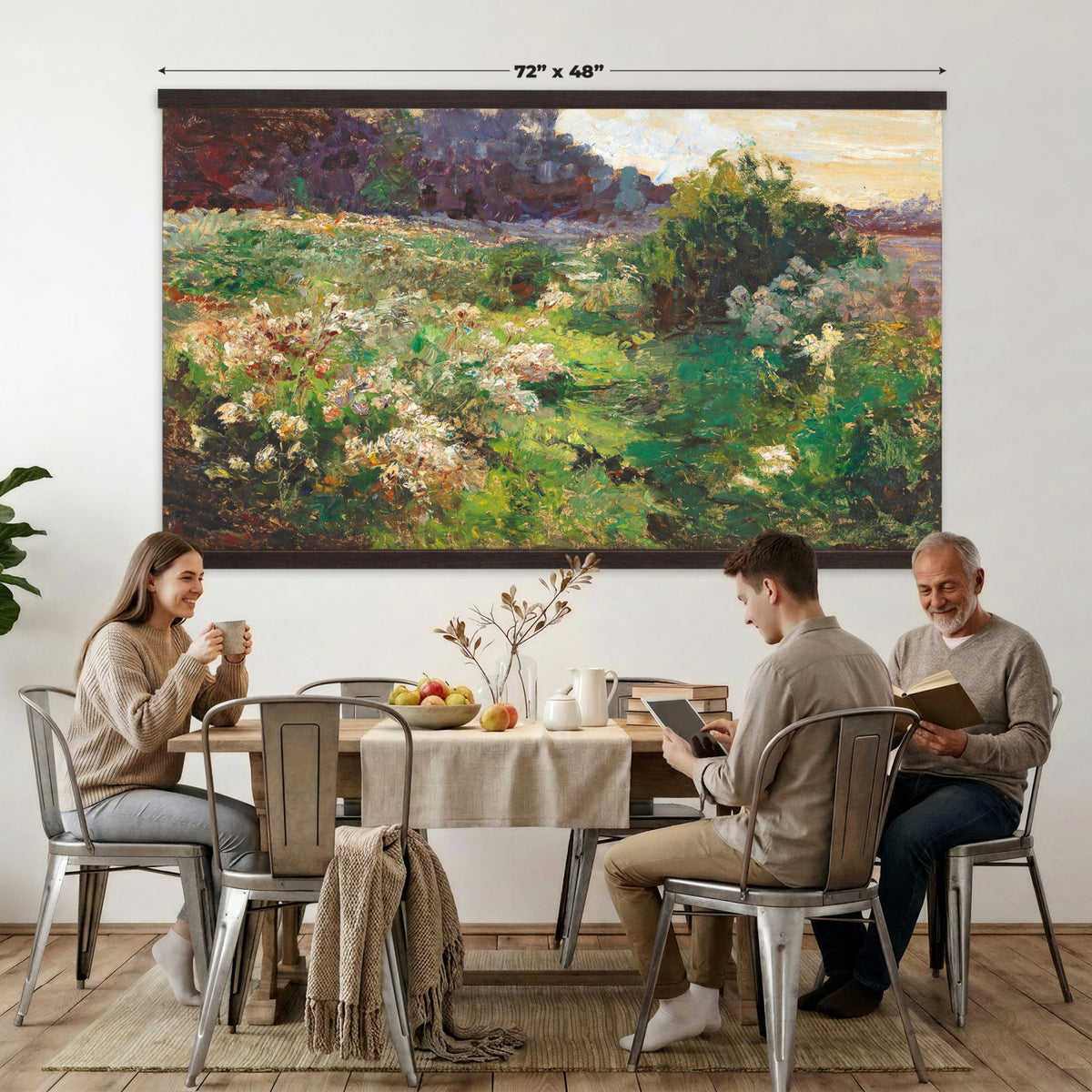 44961601-MGV-TP-30X20 - Impressionism oil painting tapestry wall hanging of "Flowering Meadow" by Olga Wisinger-Florian, showing a bright meadow of white wildflowers and green bushes rising toward a shaded purple hillside in white wildflowers and green bushes under a purple forest hillside. Extra large wall art, made in the USA.