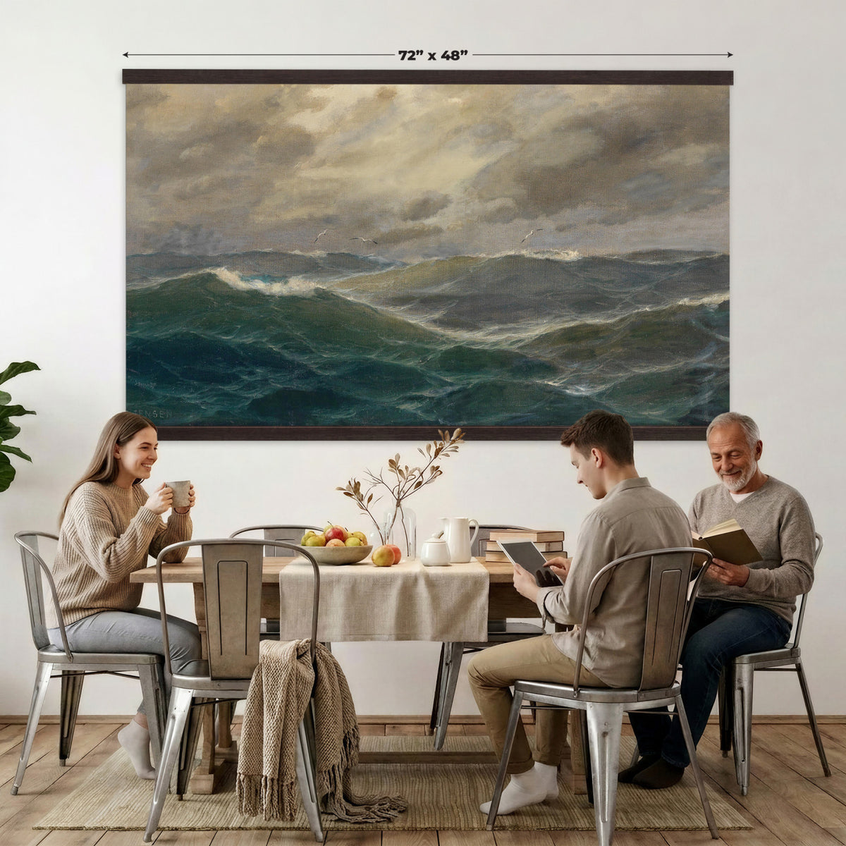 93539190-MGV-TP-30X20 - Realism oil painting tapestry wall hanging of "Stormy Sea" by Alfred Jensen, showing heavy breaking waves rolling under a dark storm sky, with white foam catching the last light on the water in deep grey-green waves with white foam under a heavy storm sky. Extra large wall art, made in the USA.