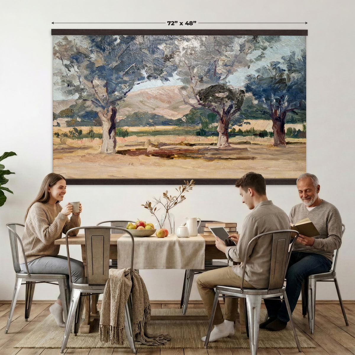 38071069-MGV-TP-30X20 - Impressionism oil painting tapestry wall hanging of "Landscape" by Jane Sutherland, showing a sunlit open field, dry golden grasses, and slender eucalyptus trees leaning under a bright southern sky in warm golden field tones with soft sage-green eucalyptus foliage. Extra large wall art, made in the USA.