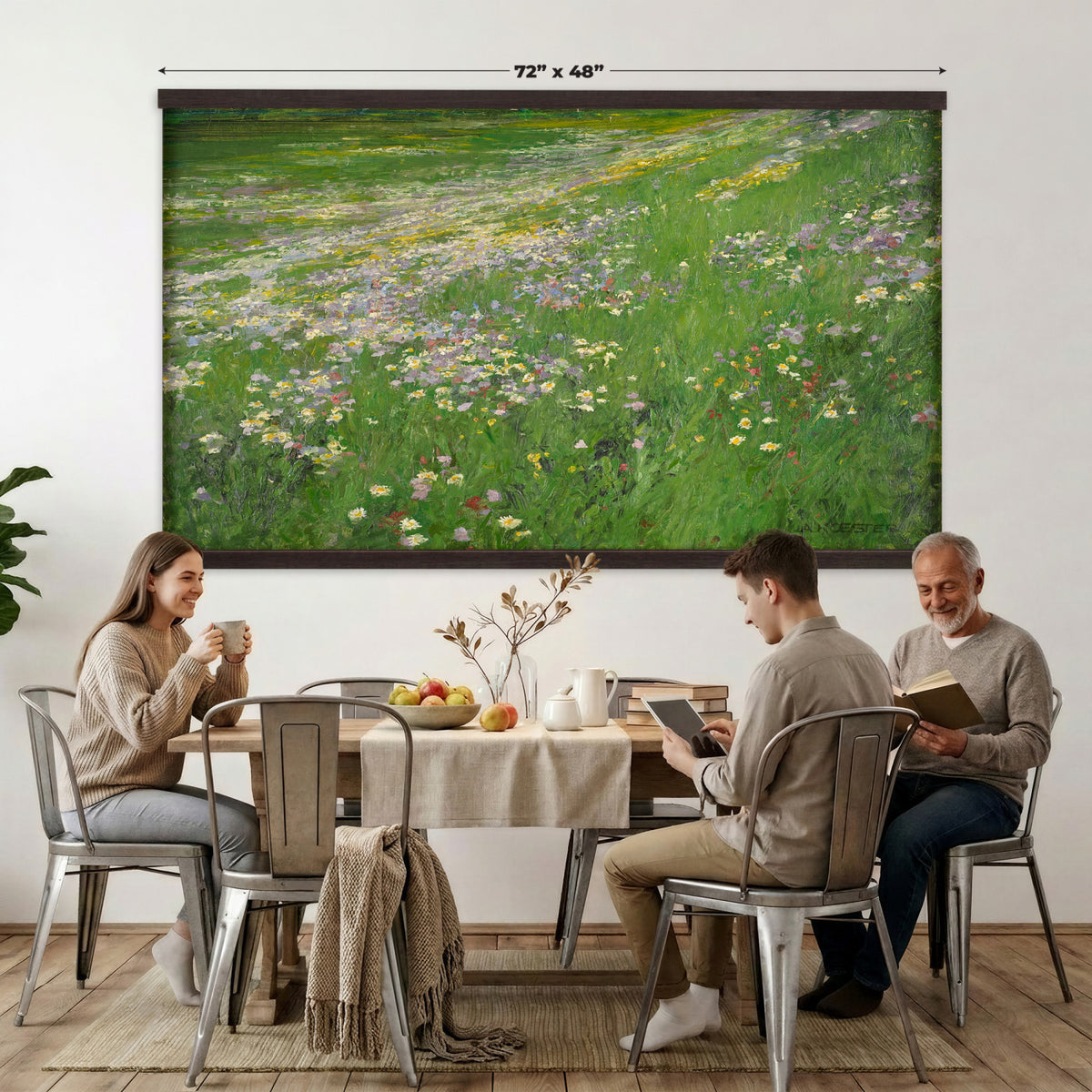 63535040-MGV-TP-30X20 - Impressionism oil painting tapestry wall hanging of "Wildflower Meadow", showing a wide meadow of daisies and summer wildflowers, painted in quick color strokes under warm open light in white daisies and yellow blooms across fresh green grass. Extra large wall art, made in the USA.