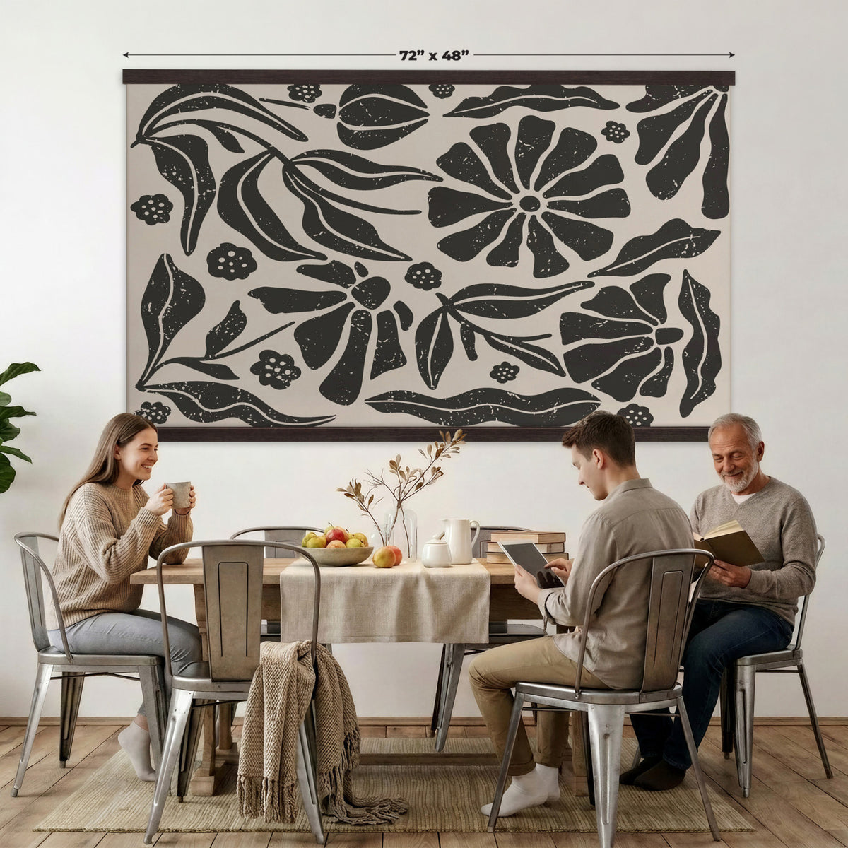 21342917-MGV-TP-30X20 - Mid Century Modern linocut print tapestry wall hanging of "Abstract Floral Linocut", showing simplified flower heads and stems cut into bold black shapes against clean white space in bold black shapes on a bright white ground. Extra large wall art, made in the USA.