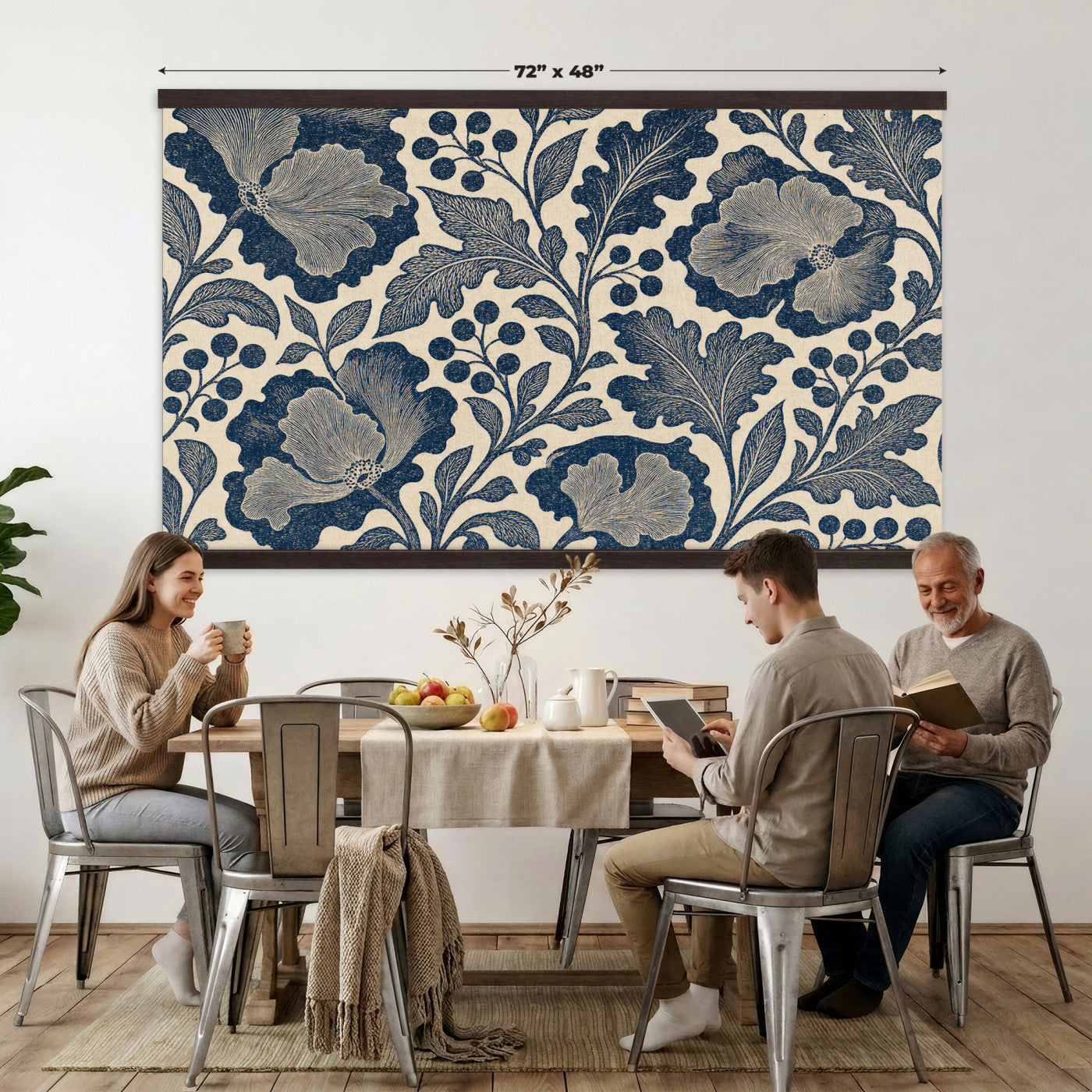 97130377-MGV-TP-30X20 - Art Nouveau pattern design tapestry wall hanging of "Indigo Botanical Pattern" by William Morris, showing trailing indigo stems, open blossoms and curling leaves repeating across the full width in deep indigo and cobalt blue with soft cream linework. Extra large wall art, made in the USA.