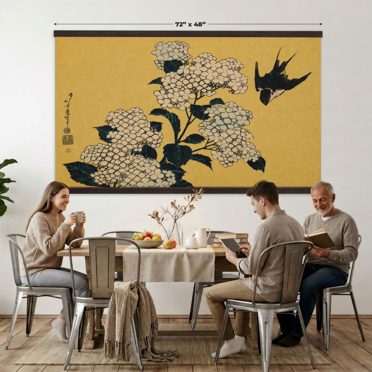 24787197-MGV-TP-30X20 - Ukiyo-e woodblock print tapestry wall hanging of "Hydrangea and Swallow" by Katsushika Hokusai, showing a swallow in flight above a full hydrangea head, drawn with the precise line of Japanese woodblock in soft blue hydrangea blooms with warm gold ground. Extra large wall art, made in the USA.