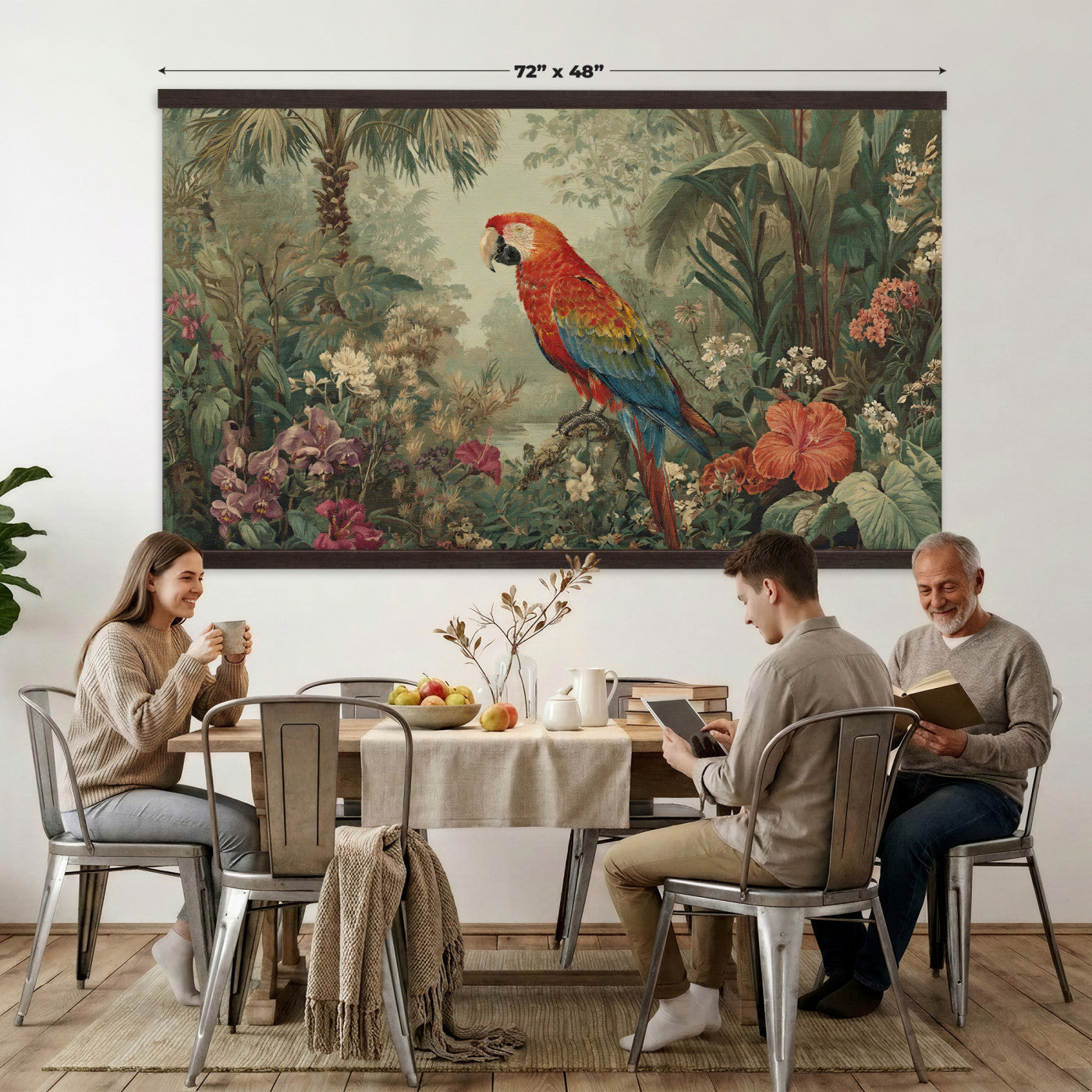 75232040-MGV-TP-30X20 - Botanical botanical illustration tapestry wall hanging of "Scarlet Macaw in the Jungle", showing a scarlet macaw perched among hibiscus flowers, palm leaves and thick rainforest growth in bright scarlet and gold plumage against deep jungle green. Extra large wall art, made in the USA.