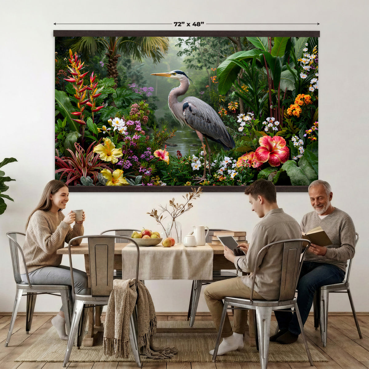 82504330-MGV-TP-30X20 - Botanical botanical illustration tapestry wall hanging of "Great Blue Heron in the Jungle", showing a great blue heron standing among hibiscus blooms, palm fronds and dense tropical foliage in deep jungle greens with red hibiscus and soft blue heron plumage. Extra large wall art, made in the USA.