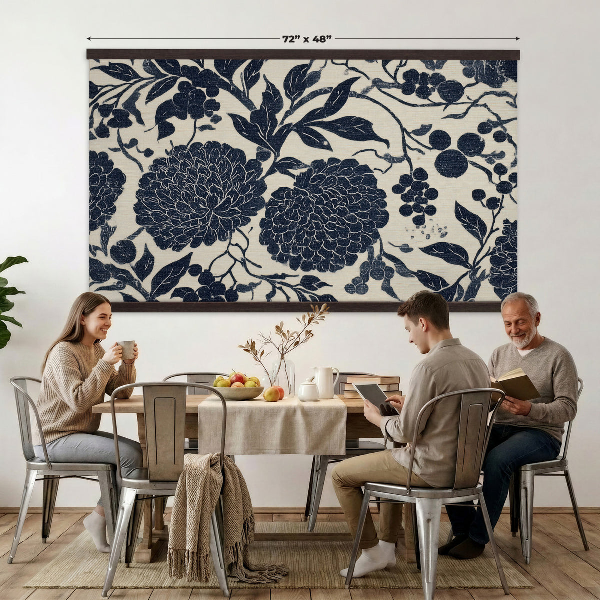 42507419-MGV-TP-30X20 - Chinoiserie ink block print tapestry wall hanging of "Chinoiserie Peony and Chrysanthemum Panel", showing peonies and chrysanthemums layered across a soft grey field, drawn in muted black line in black and soft grey linework on a warm neutral ground. Extra large wall art, made in the USA.