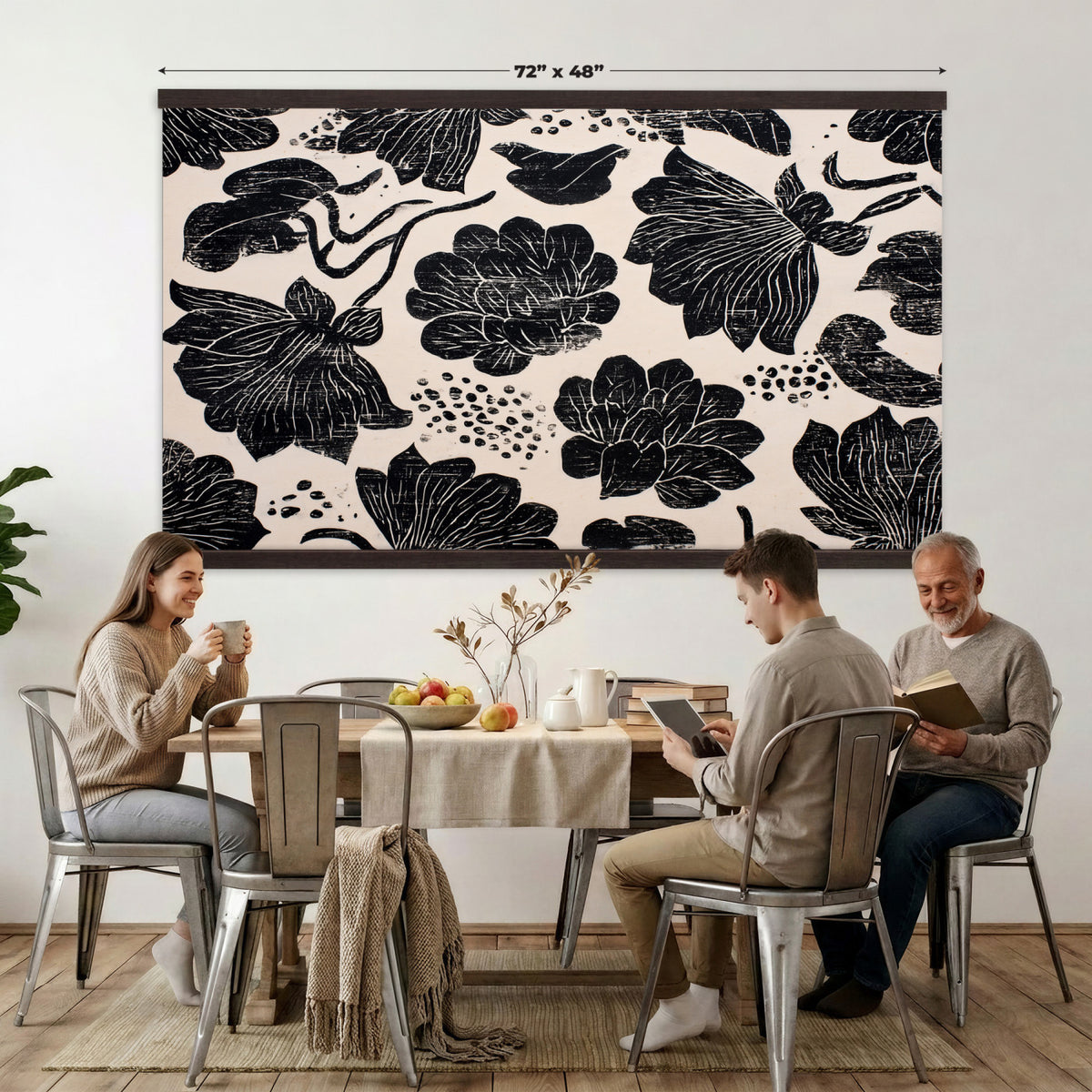 91793867-MGV-TP-30X20 - Chinoiserie ink block print tapestry wall hanging of "Chinoiserie Lotus Panel", showing open lotus flowers and broad water lily pads rising on tall stems, cut in bold black and white in deep black lotus linework on a soft white ground. Extra large wall art, made in the USA.