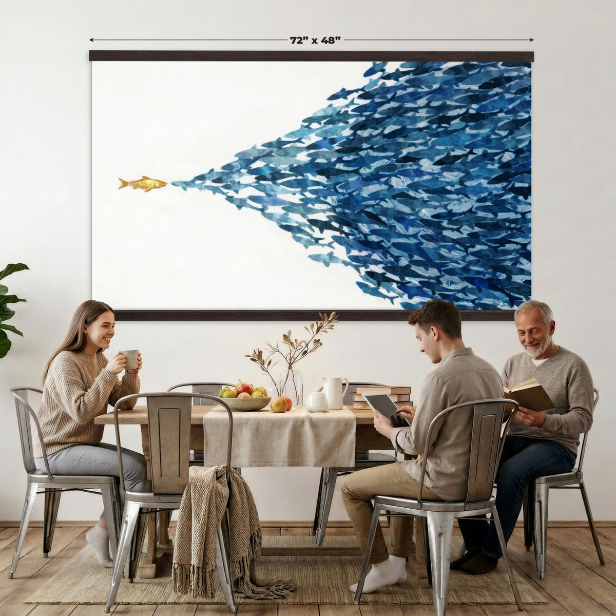 79089639TT-MGV-TP-30X20 - Abstract Blue Fish School Canvas Wall Art, Gold Foil Accent Marine Print