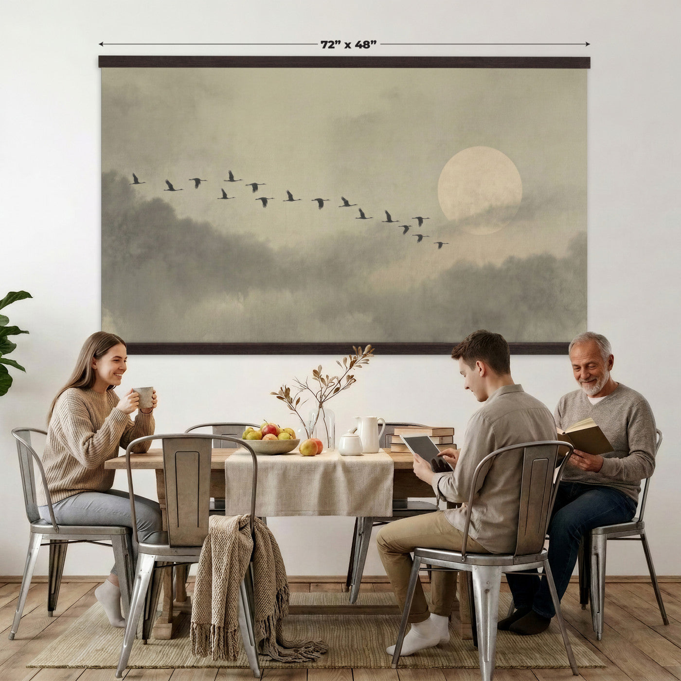 1209814BT-MGV-TP-30X20 - Flying Cranes Tapestry Wall Art, Misty Landscape with Moon, Sage Green Japandi Decor, Framed Print
