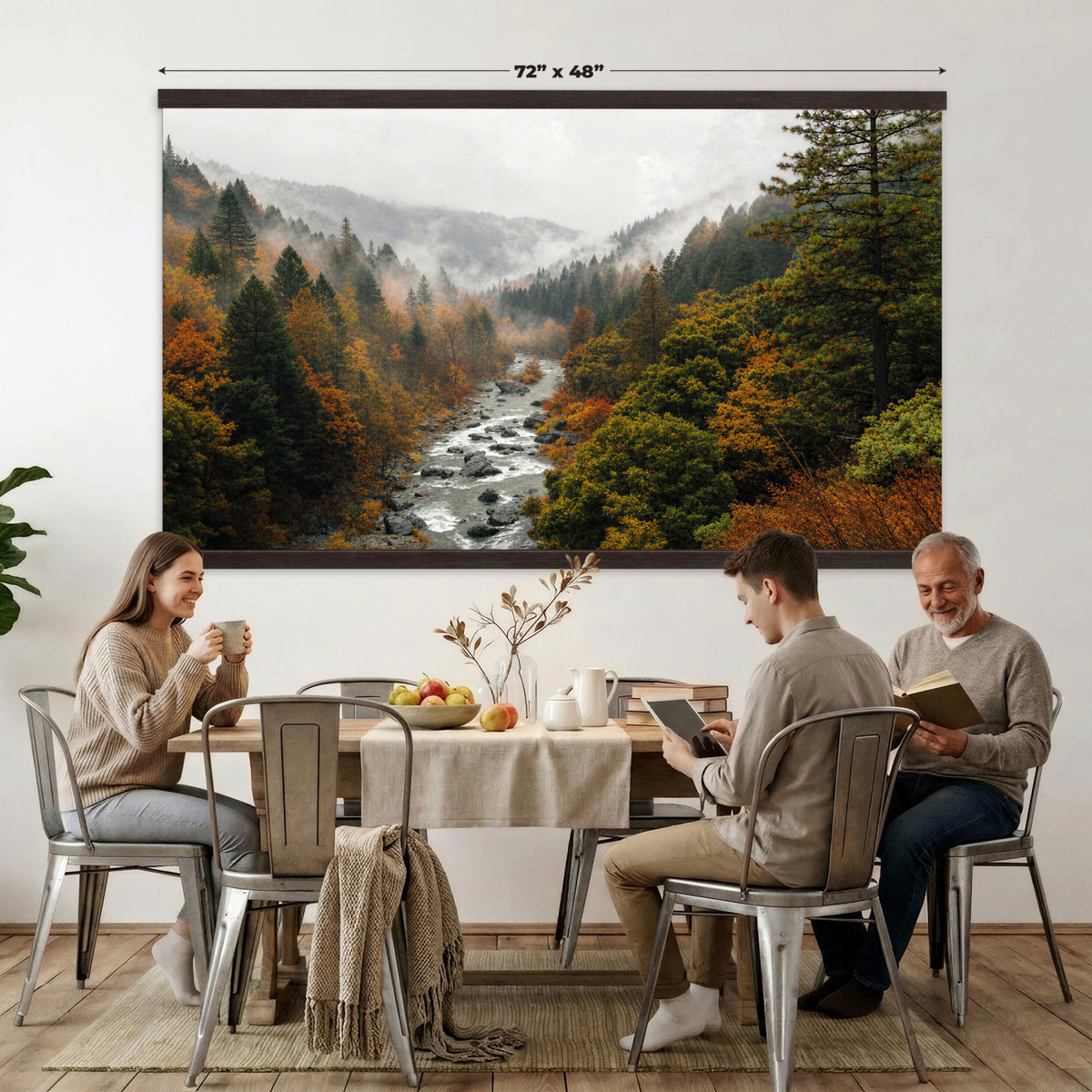 95540697-MGV-TP-30X20 - Misty River Mountain Valley Canvas Wall Art - Autumn Forest Landscape Nature Print