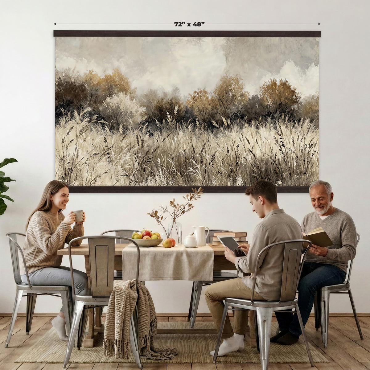 53959945-MGV-TP-30X20 - Muted Neutral Forest Landscape Canvas Wall Art - Vintage Rustic Wildflower Meadow Print