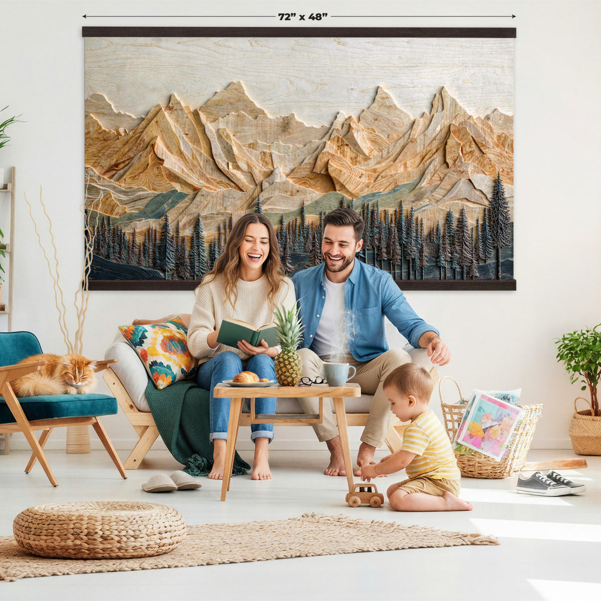 66676213-MGV-TP-30X20 - Geometric Wood Mountain Wall Art Canvas Print, 3D Look Rustic Mosaic Landscape Print