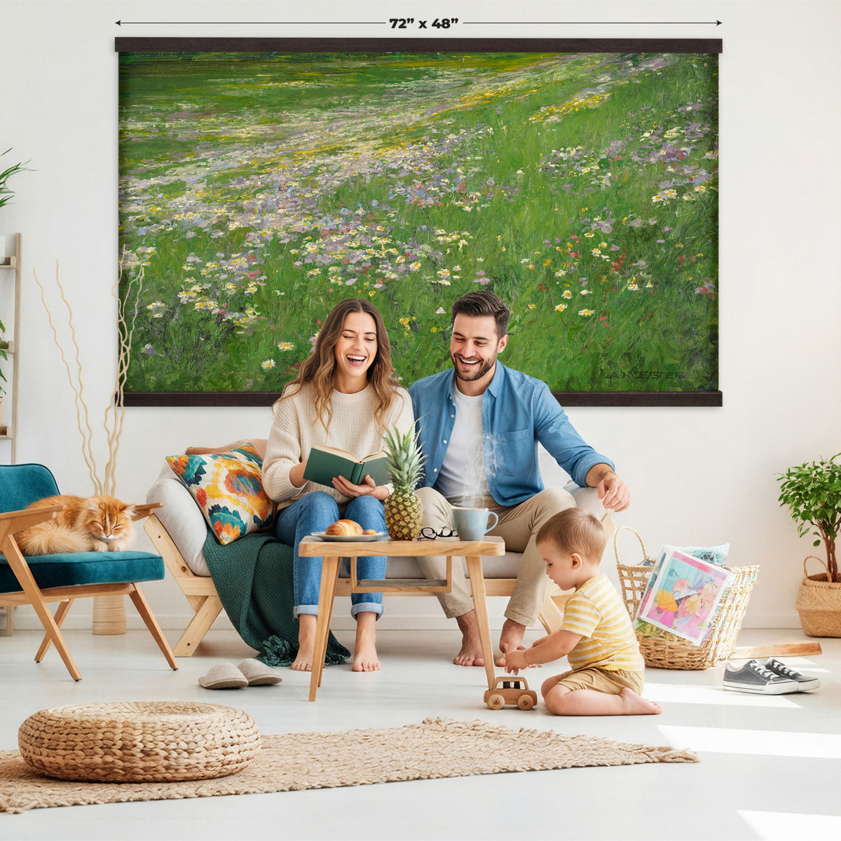 63535040-MGV-TP-30X20 - Impressionism oil painting tapestry wall hanging of "Wildflower Meadow", showing a wide meadow of daisies and summer wildflowers, painted in quick color strokes under warm open light in white daisies and yellow blooms across fresh green grass. Extra large wall art, made in the USA.