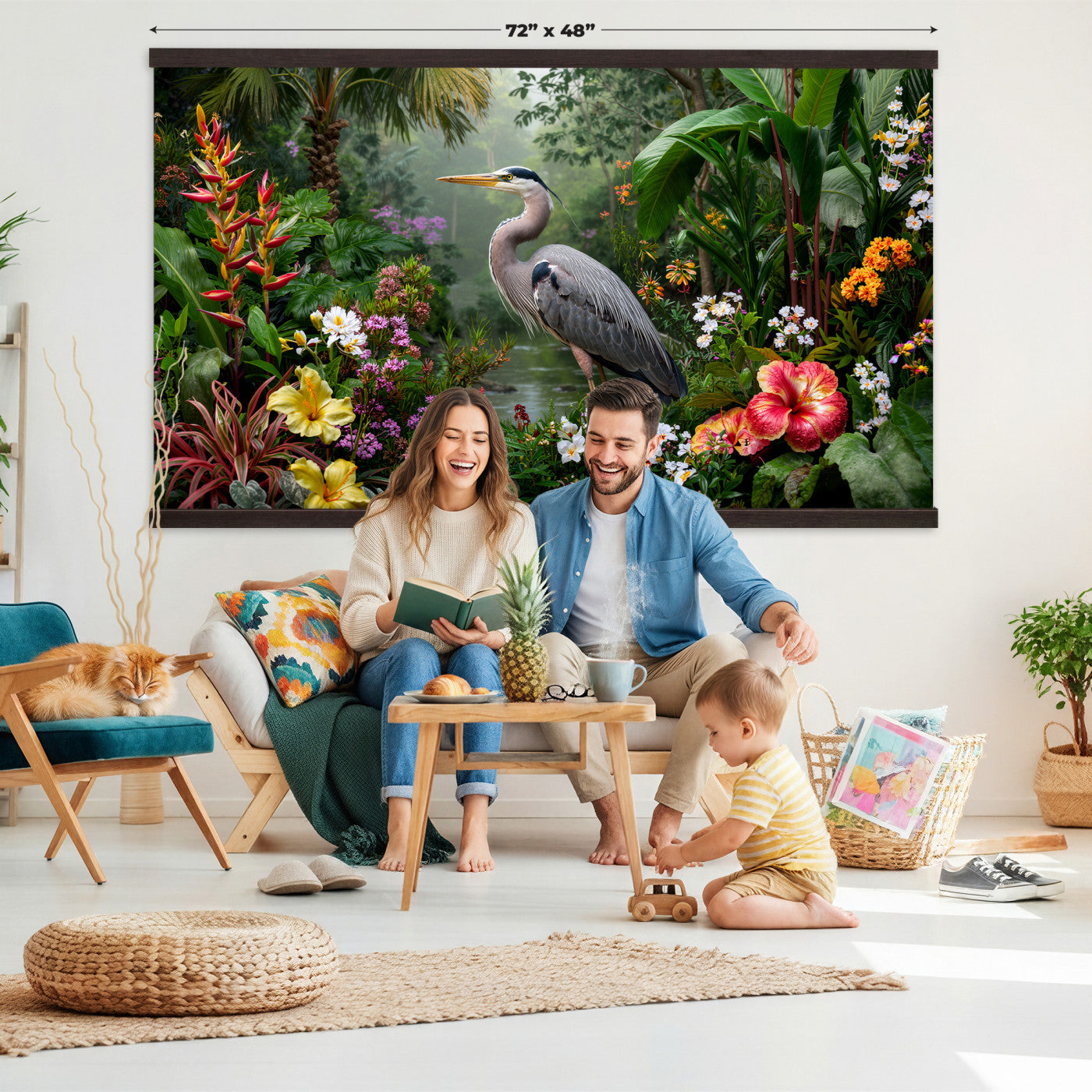 82504330-MGV-TP-30X20 - Botanical botanical illustration tapestry wall hanging of "Great Blue Heron in the Jungle", showing a great blue heron standing among hibiscus blooms, palm fronds and dense tropical foliage in deep jungle greens with red hibiscus and soft blue heron plumage. Extra large wall art, made in the USA.