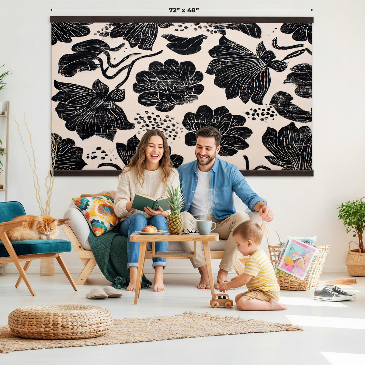 91793867-MGV-TP-30X20 - Chinoiserie ink block print tapestry wall hanging of "Chinoiserie Lotus Panel", showing open lotus flowers and broad water lily pads rising on tall stems, cut in bold black and white in deep black lotus linework on a soft white ground. Extra large wall art, made in the USA.