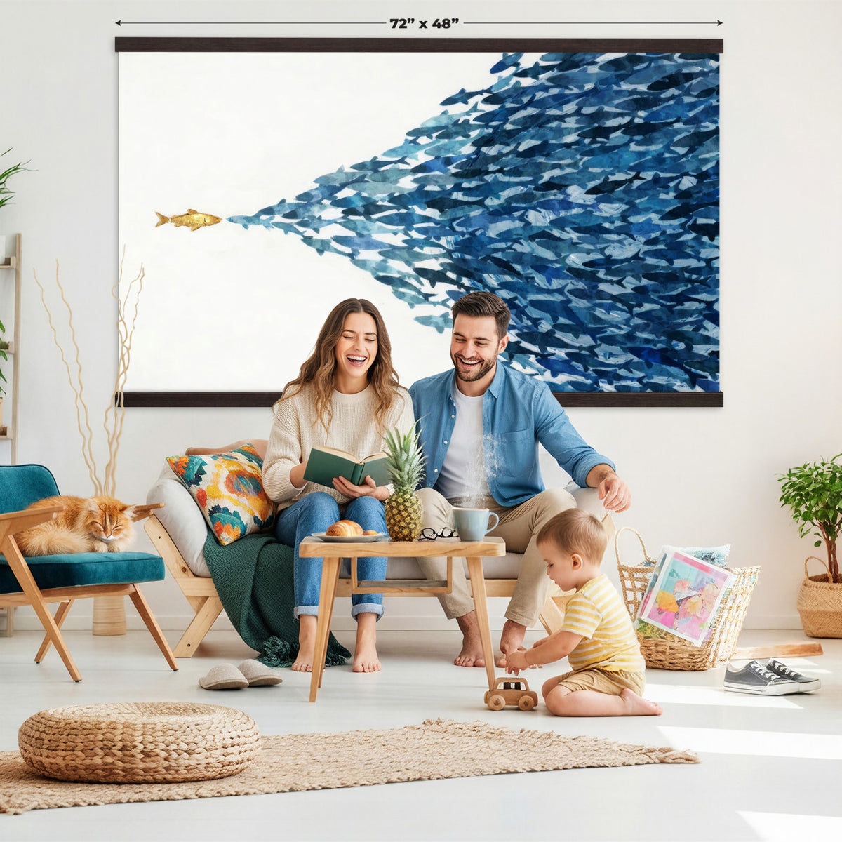 79089639TT-MGV-TP-30X20 - Abstract Blue Fish School Canvas Wall Art, Gold Foil Accent Marine Print